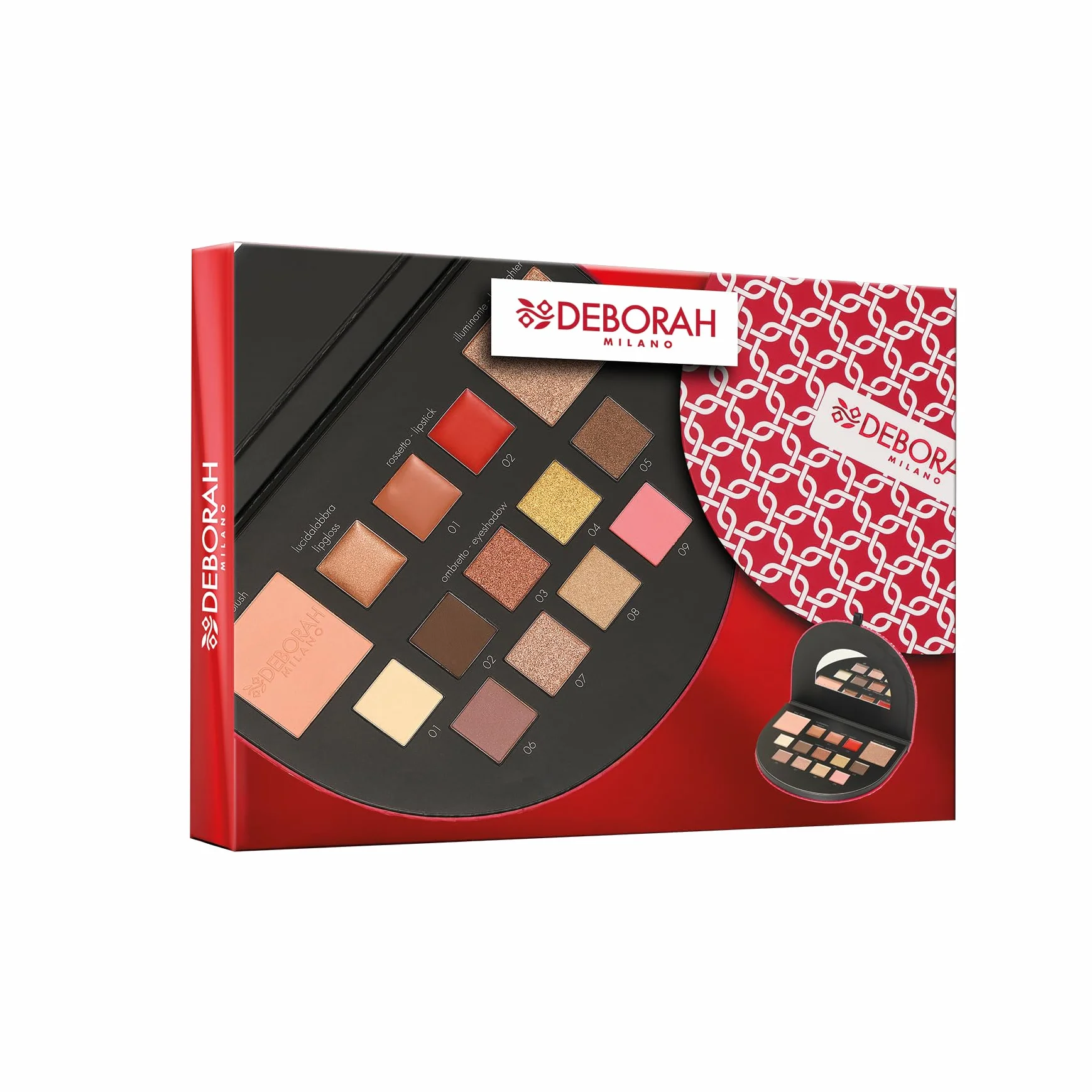Deborah Milano - Trousse Set Regalo Donna Make Up Beauty Gift n.1 Mini Toni Caldi, Include Palette di Ombretti, Gloss, Rossetti e Polveri Viso dai diversi Finish e Colori, in Carta FSC