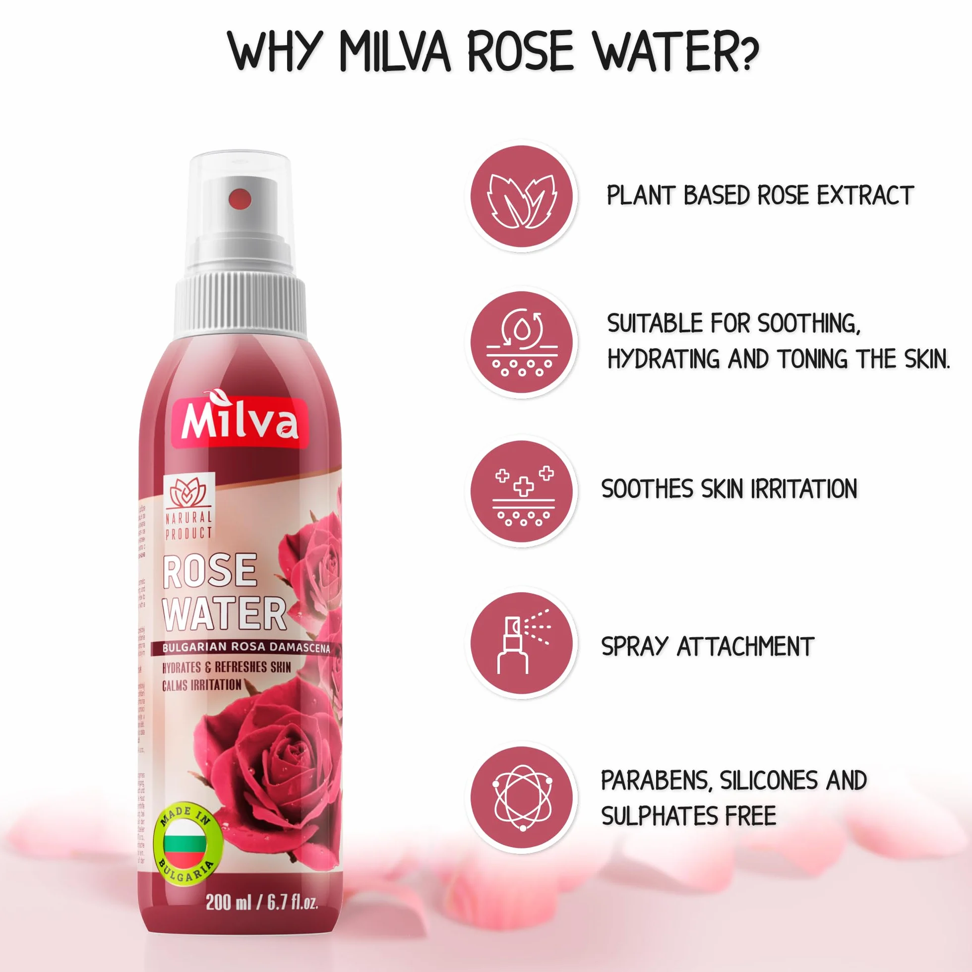 Milva Acqua di Rose Spray Idratante per Corpo e Viso, 200 ml – Tonico Spray Rinfrescante con Olio di Rosa Damascena Bulgara – Struccante Senza Alcol – Acqua di Rose Naturale anche per Capelli