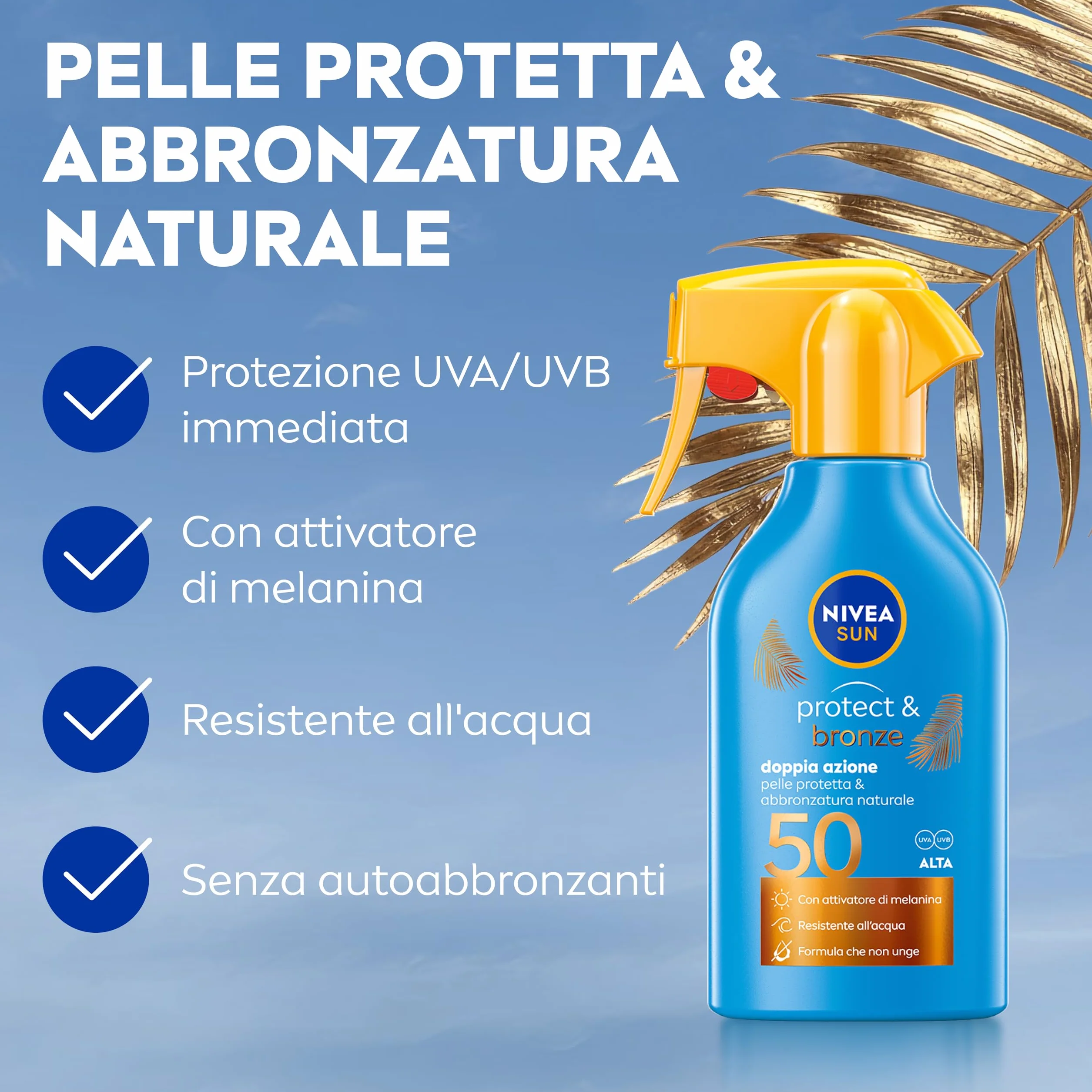 NIVEA SUN Spray Protect & Bronze SPF 50 250 ml, Crema solare 50 spray abbronzante corpo, Protezione solare 50 con attivatore di Melanina acceleratore abbronzatura, Resistente all'acqua, Non unge