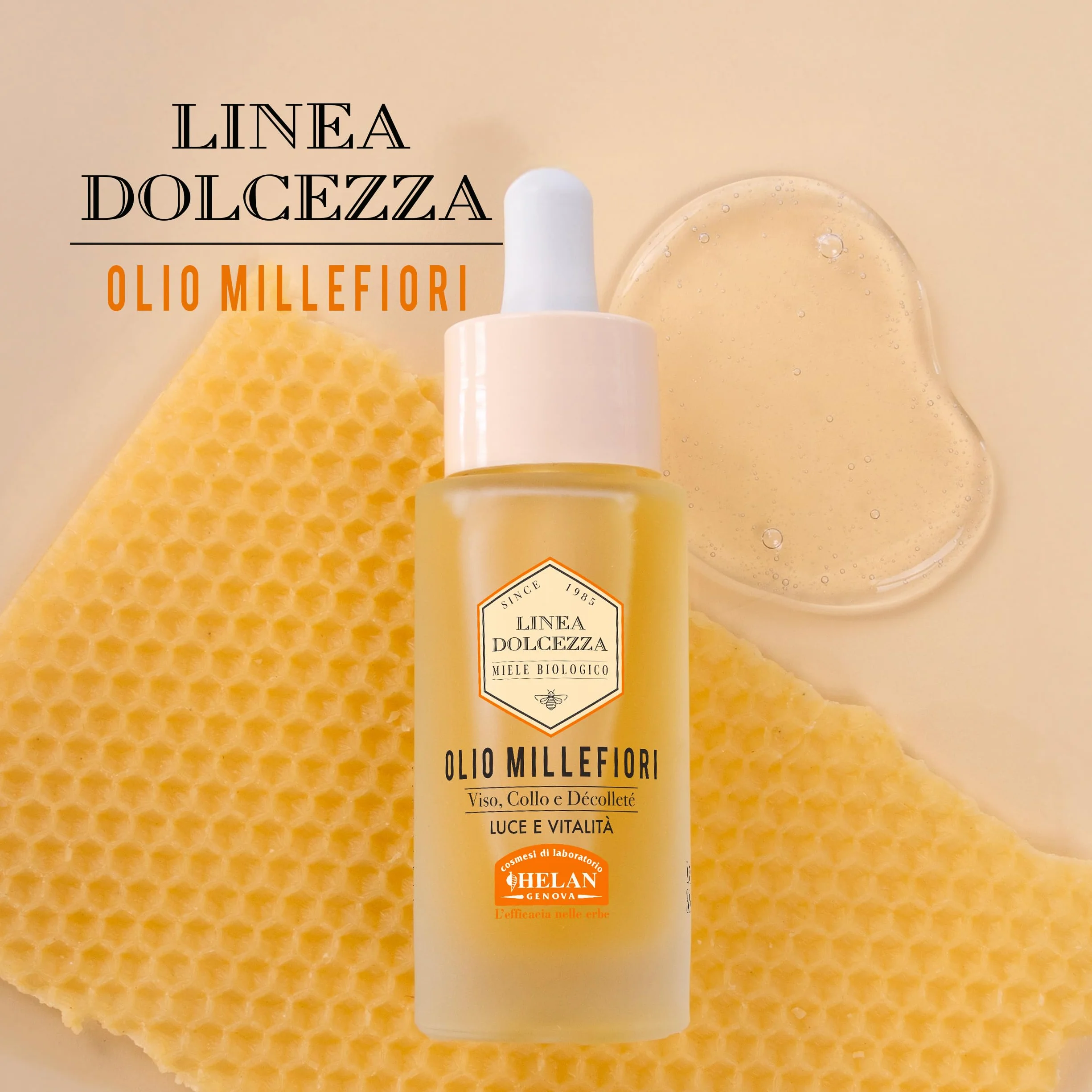 Helan Linea Dolcezza - Olio Viso, Collo e Décolleté Millefiori, Idratante e Antirughe, con Cera d’Api e Propolis, Olio Secco a Rapido Assorbimento - Prodotti Skincare Viso, Made in Italy, 30 ml