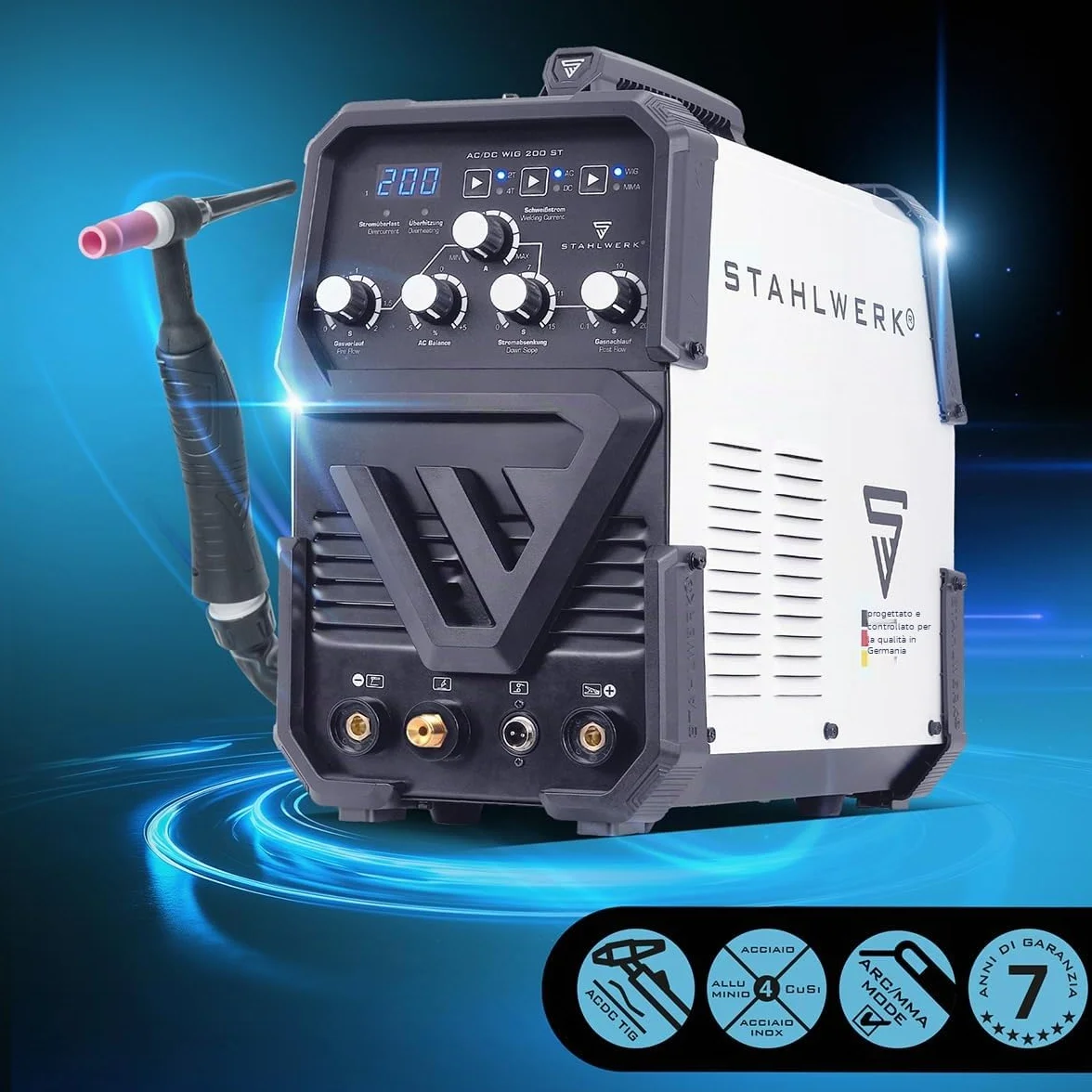 STAHLWERK Saldatrice 2-in-1 AC/DC TIG 200 ST TIG MMA 200 A HF Hotstart Anti-Stick IGBT