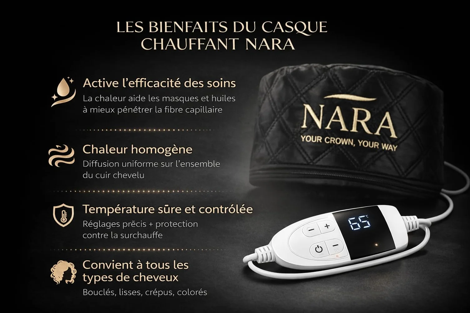 NARA - Casco riscaldante per capelli, cura profonda e idratazione, temperatura regolabile LCD, confezione completa: cuffia riscaldata + cuffia da notte + cuffia da doccia + pettine per maschere, oli
