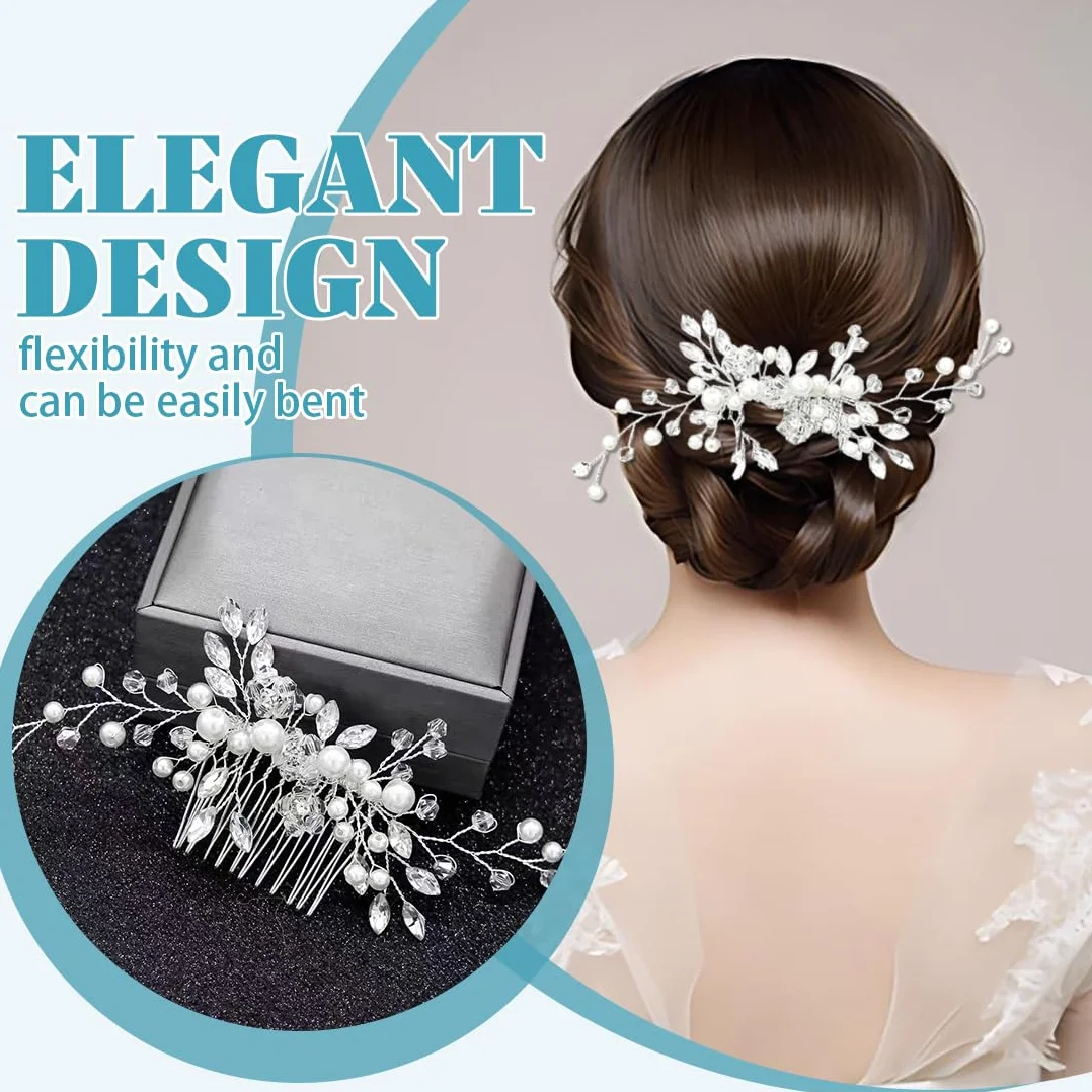 Fermaglio Capelli Sposa Argentato Con Cristalli, 2 Pettini Eleganti Per Matrimonio E Occasioni Speciali, Set Completo Per Donne E Ragazze
