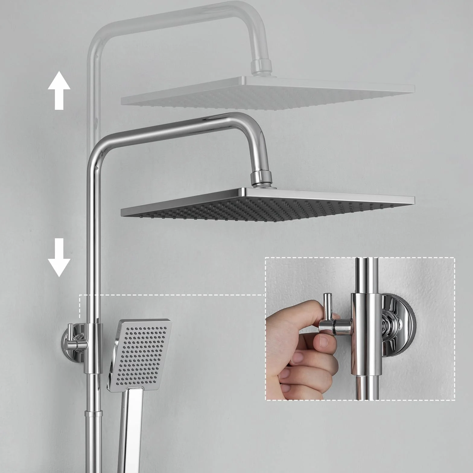 Auralum Colonna Doccia con Miscelatore Soffione e Doccetta Saliscendi Acciaio Inox Altezza Regolabile 90-130cm Cromo Quadrato 25cm