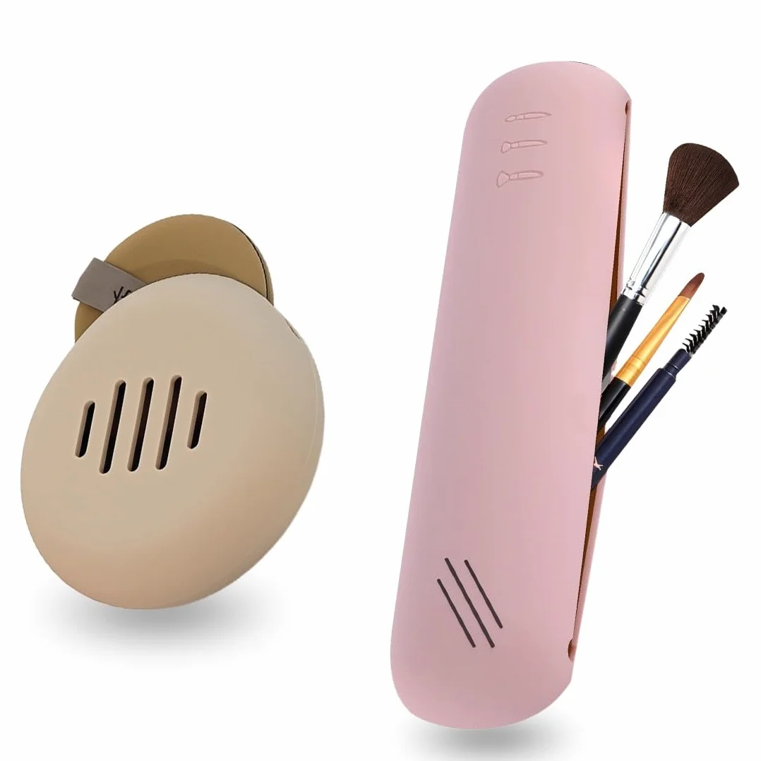 2 Pcs Borsa Per Trucco Portatile Con Porta Cipria, Porta Pennelli Make Up Da Viaggio, Porta Pennelli Trucco, Custodia In Silicone Per Pennelli Da Trucco Da Viaggio Con Chiusura Magnetica