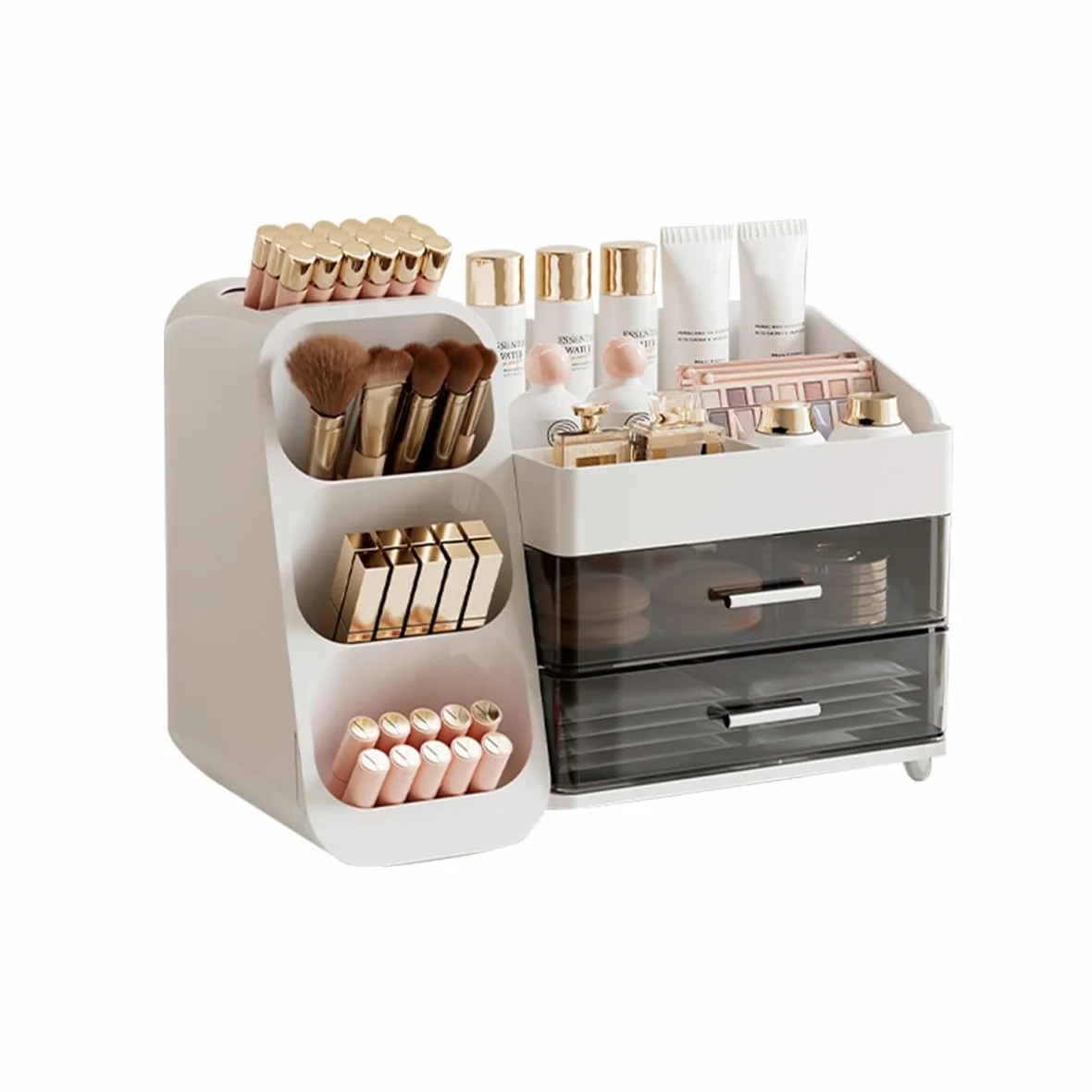 Organizer per trucchi con cassetti, grande capacità, organizer da banco per bagno e camera da letto, organizer per cosmetici, per pennelli, profumi, rossetto (bianco)