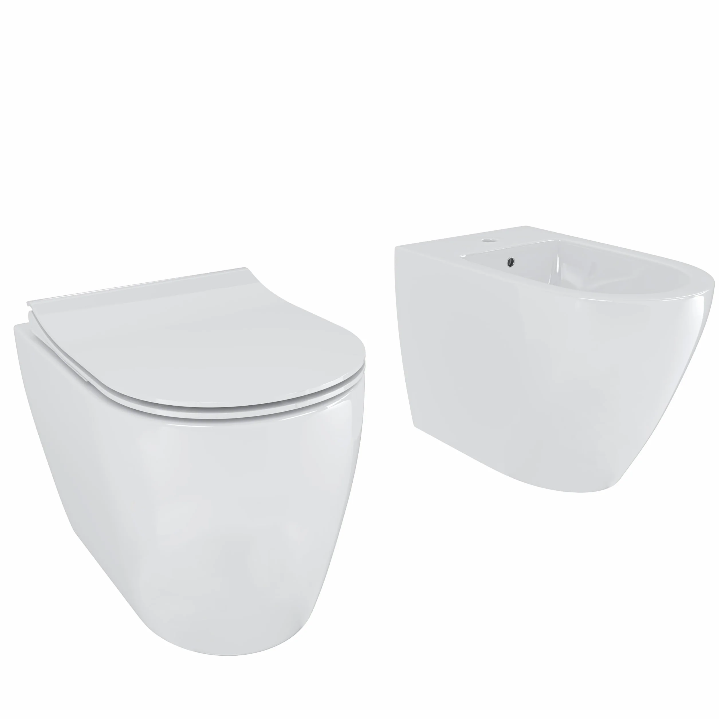 Coppia Sanitari Filomuro Vaso WC Bidet Design Moderno Ceramica Soft Close Bianco Lucido