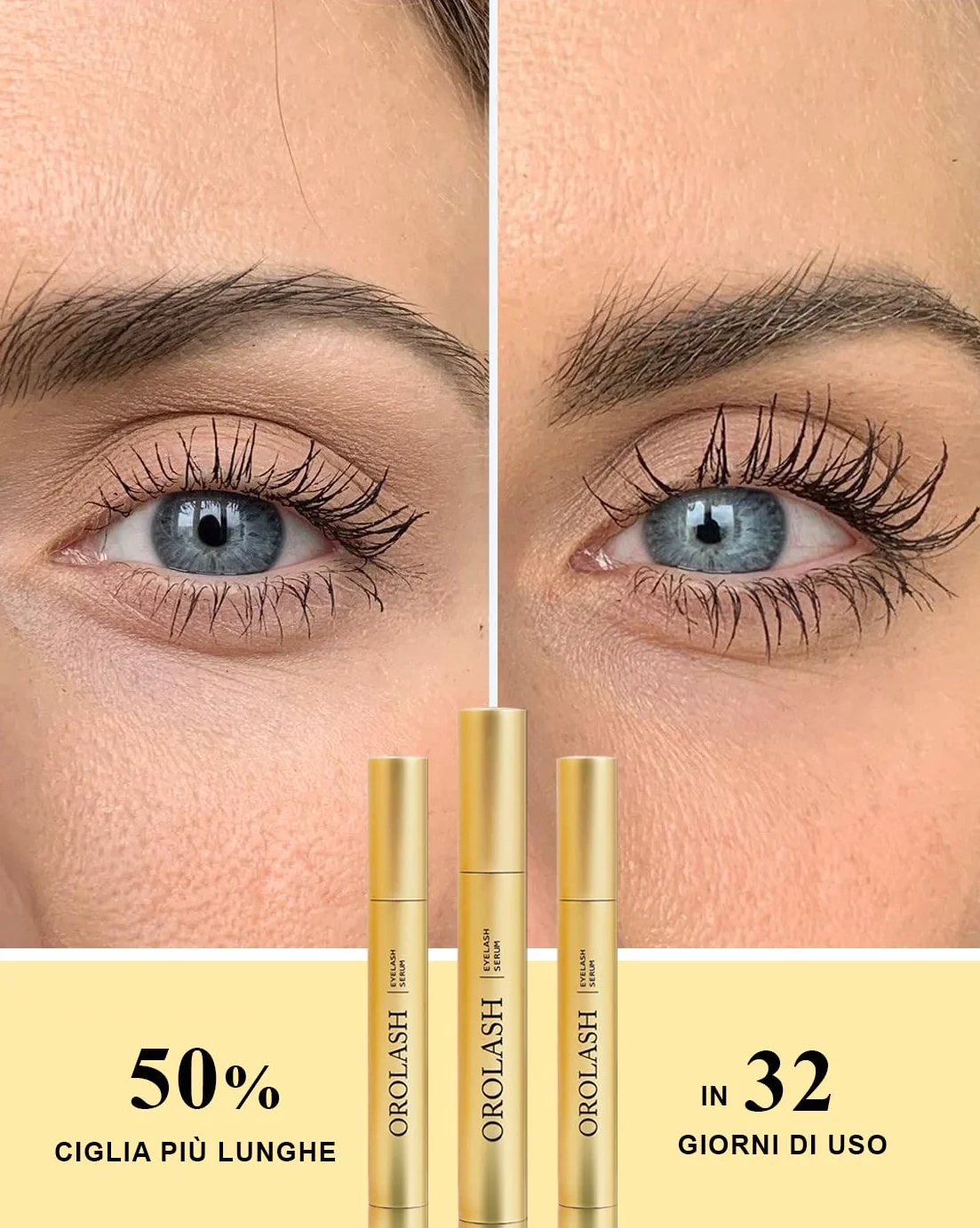 Siero Ciglia Allungante e Volumizzante OROLASH 3ML (3 mesi) | Ideale Per Infoltimento Ciglia e Sopracciglia | 100% EFFICACE