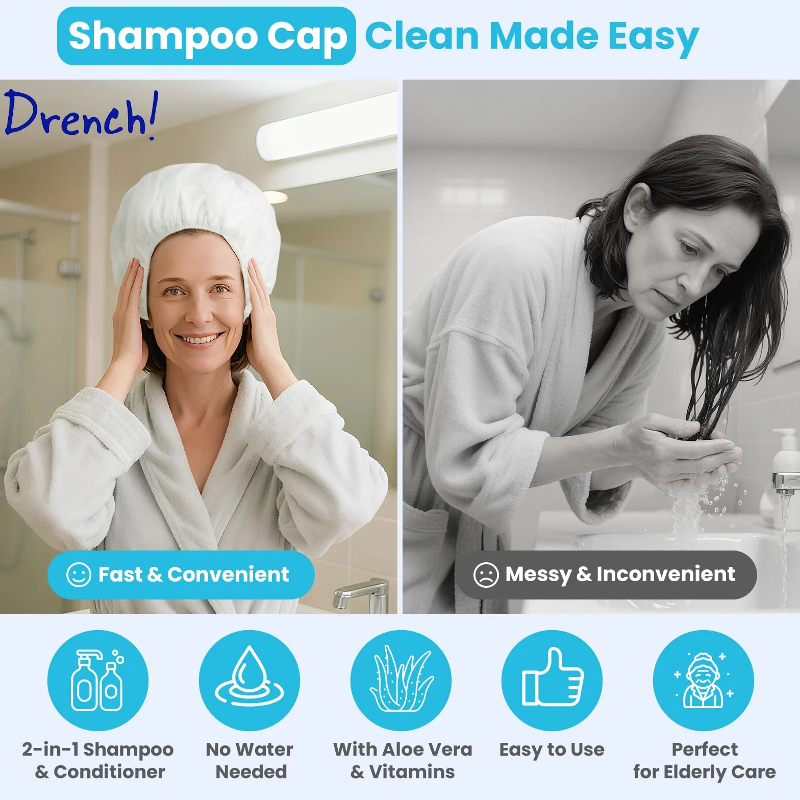 Drench! Medical Cuffia Shampoo Secco senza Acqua - 12 Unità - Balsamo senza Risciacquo - Facile da Usare per Anziani e Costretti a Letto - Con Vitamina E e Provitamina B5