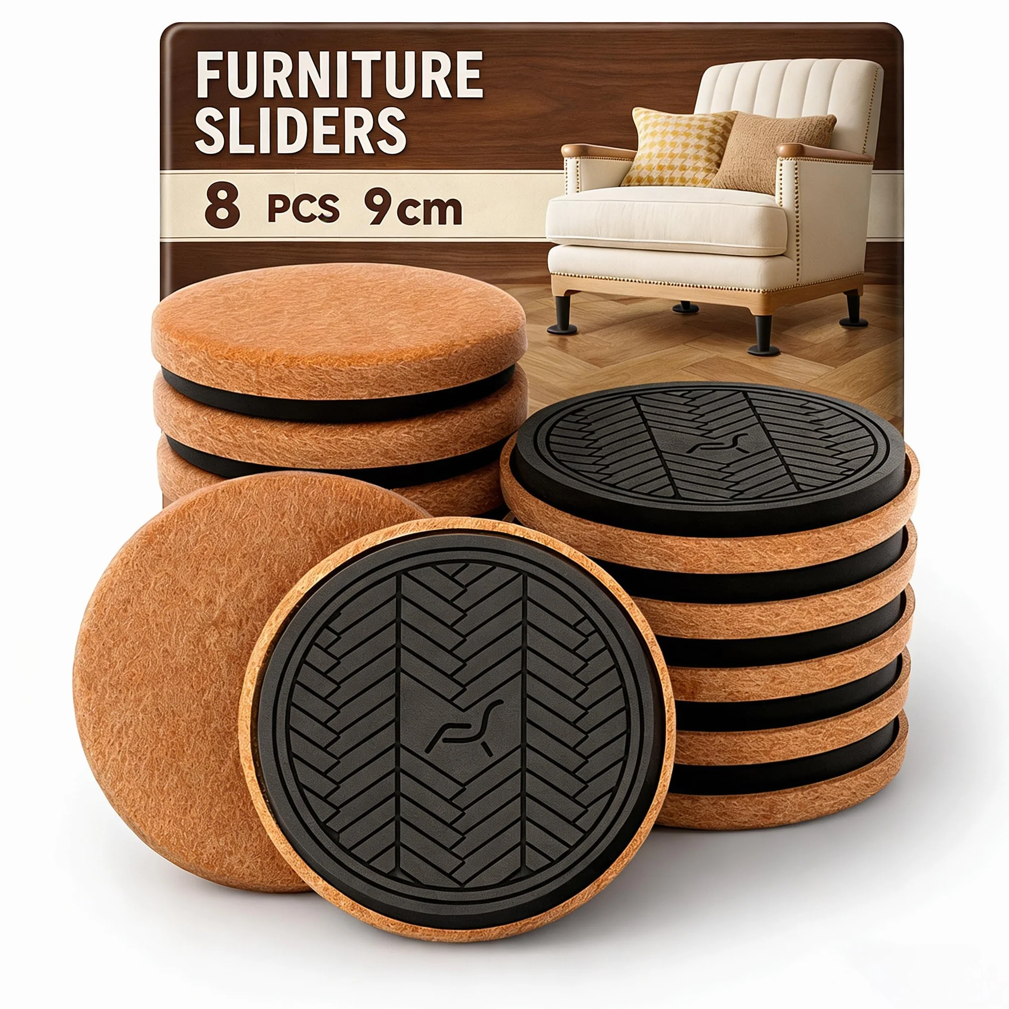 Feltrini per Mobili Pesanti Parquet 8 Pezzi 9 cm Marrone Rotondi