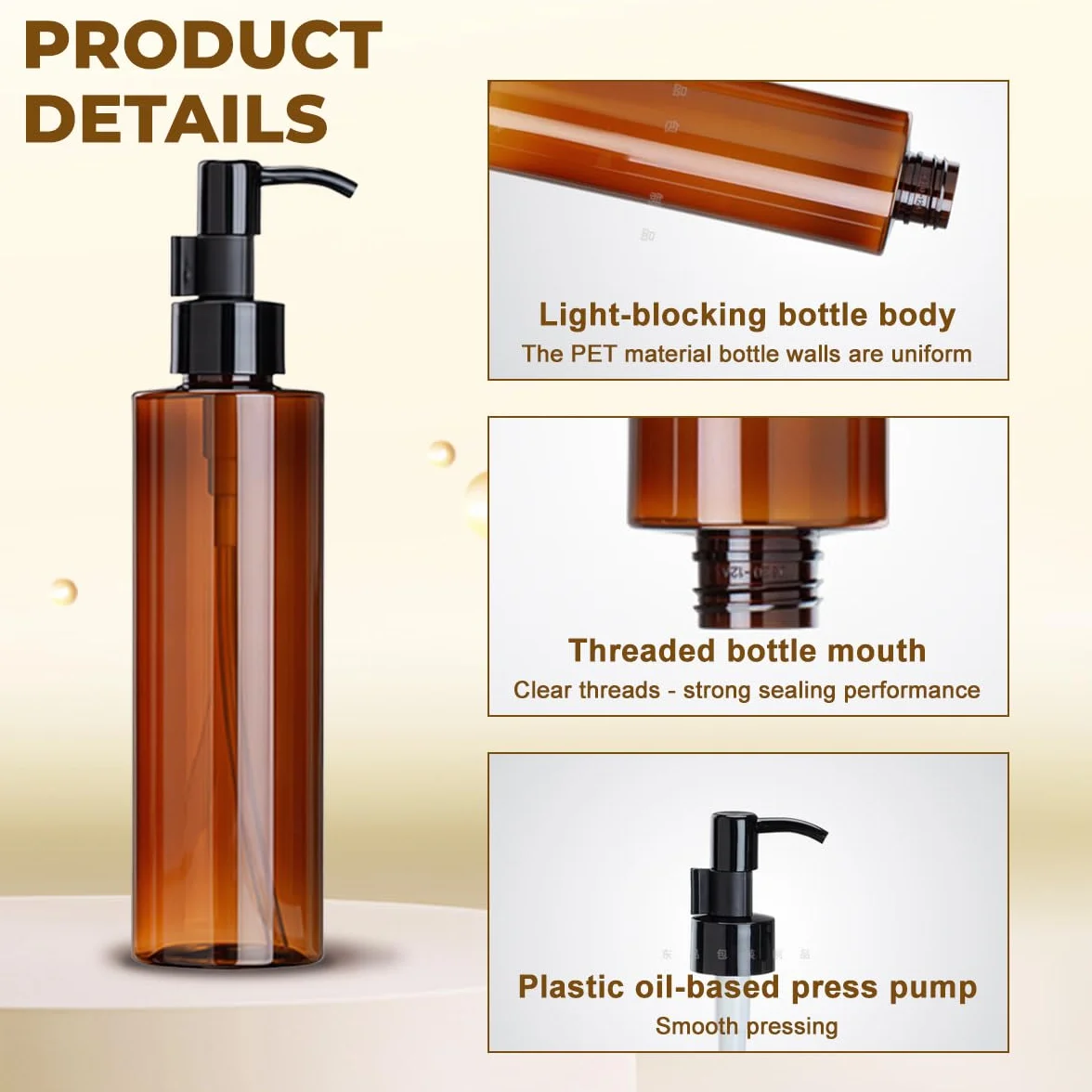2 flaconi da 200 ml in plastica ambrata con pompa per lozioni con testa a pressione nera, vuoti, ricaricabili, contenitori per shampoo cosmetici, per olio di rimozione del trucco