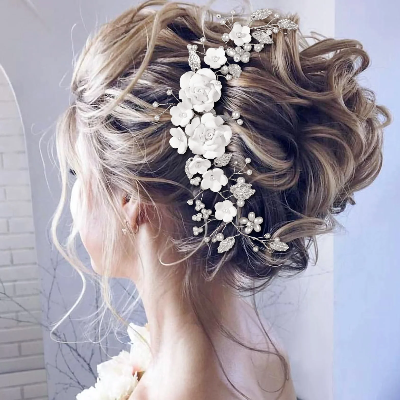 Kiiwah Fiore Sposa Matrimonio Capelli Vite Cristallo Fasce per Capelli Accessori Capelli Sposa Argento, Forcine a Forma Perlé a Forma Di U per Donne e Ragazze