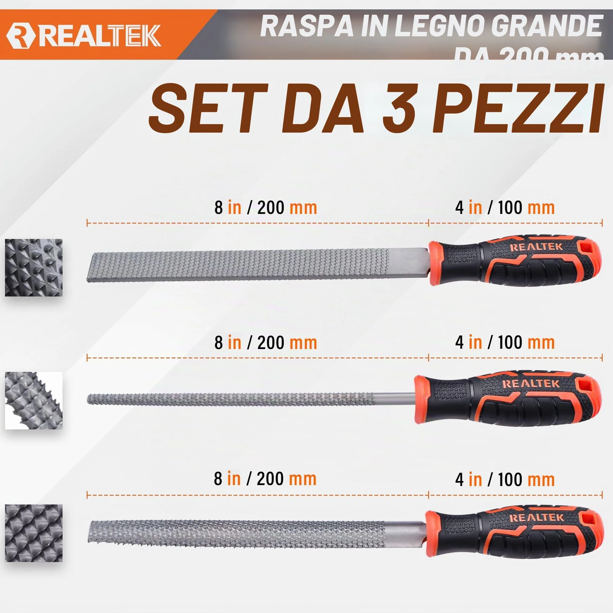 REALTEK Set di raspe per legno 3 pezzi, lima piatta, mezza rotonda e rotonda