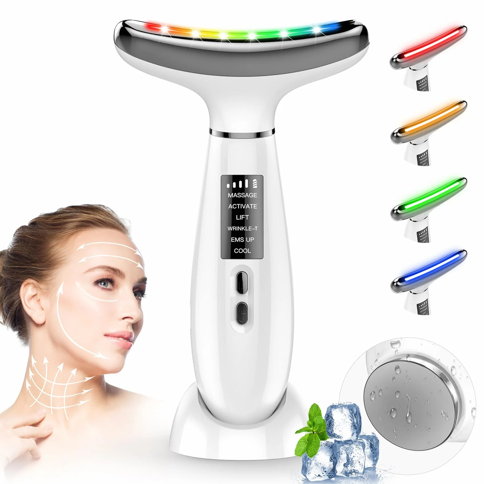 Massaggiatore Viso Elettrico,Massaggiatore Viso Lifting a 6 Modalità a 45 °C per L'anti-età, il Lifting e il Rassodamento Della Pelle Cadente (Modalità LED a 4 Colori - Bianco)