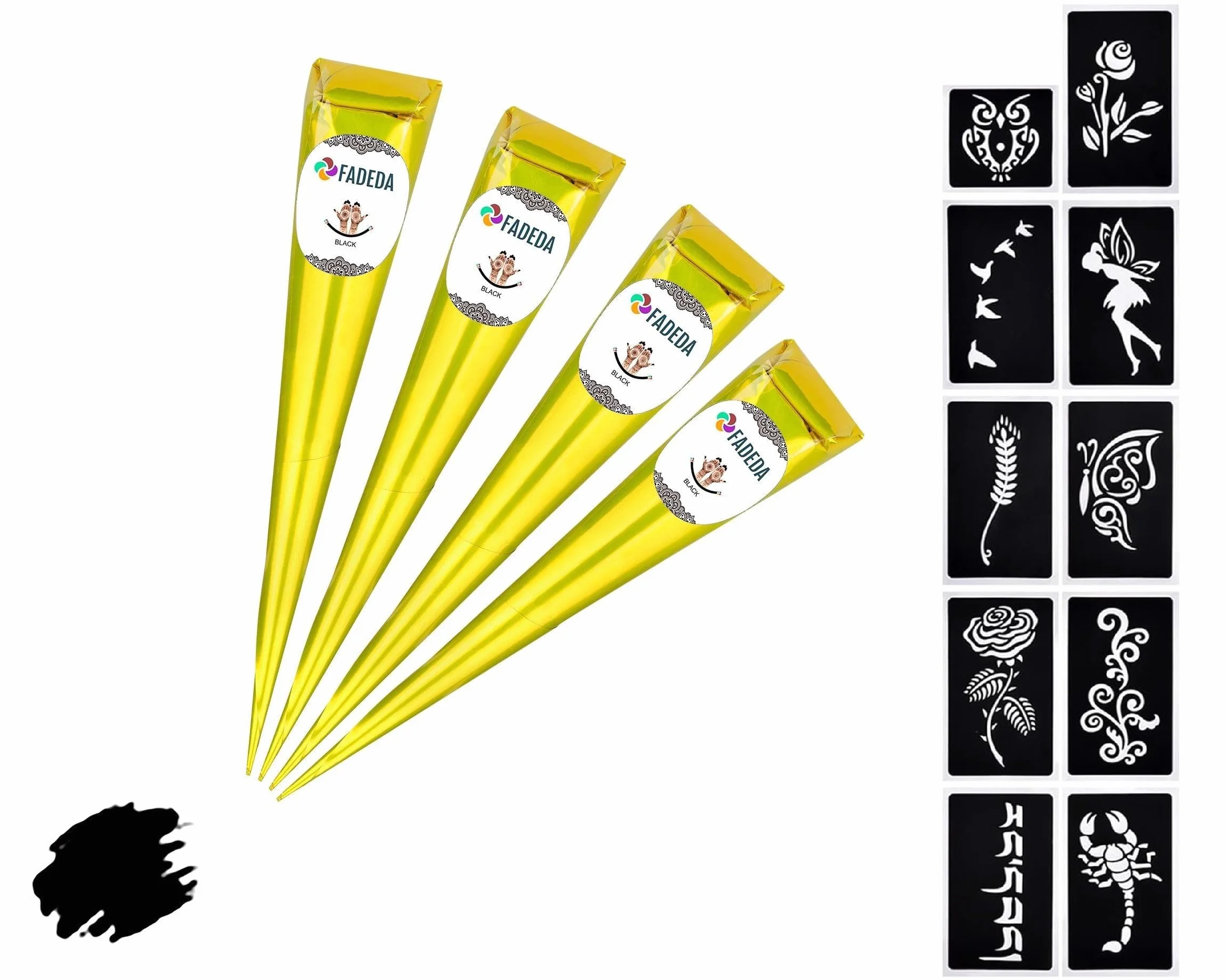 4x FADEDA Henna Kegel | 4x 25g di pasta naturale | Nero | 10 diverse mascherine per adesivi | 100% vegetale | Pronto all'uso e senza PPD