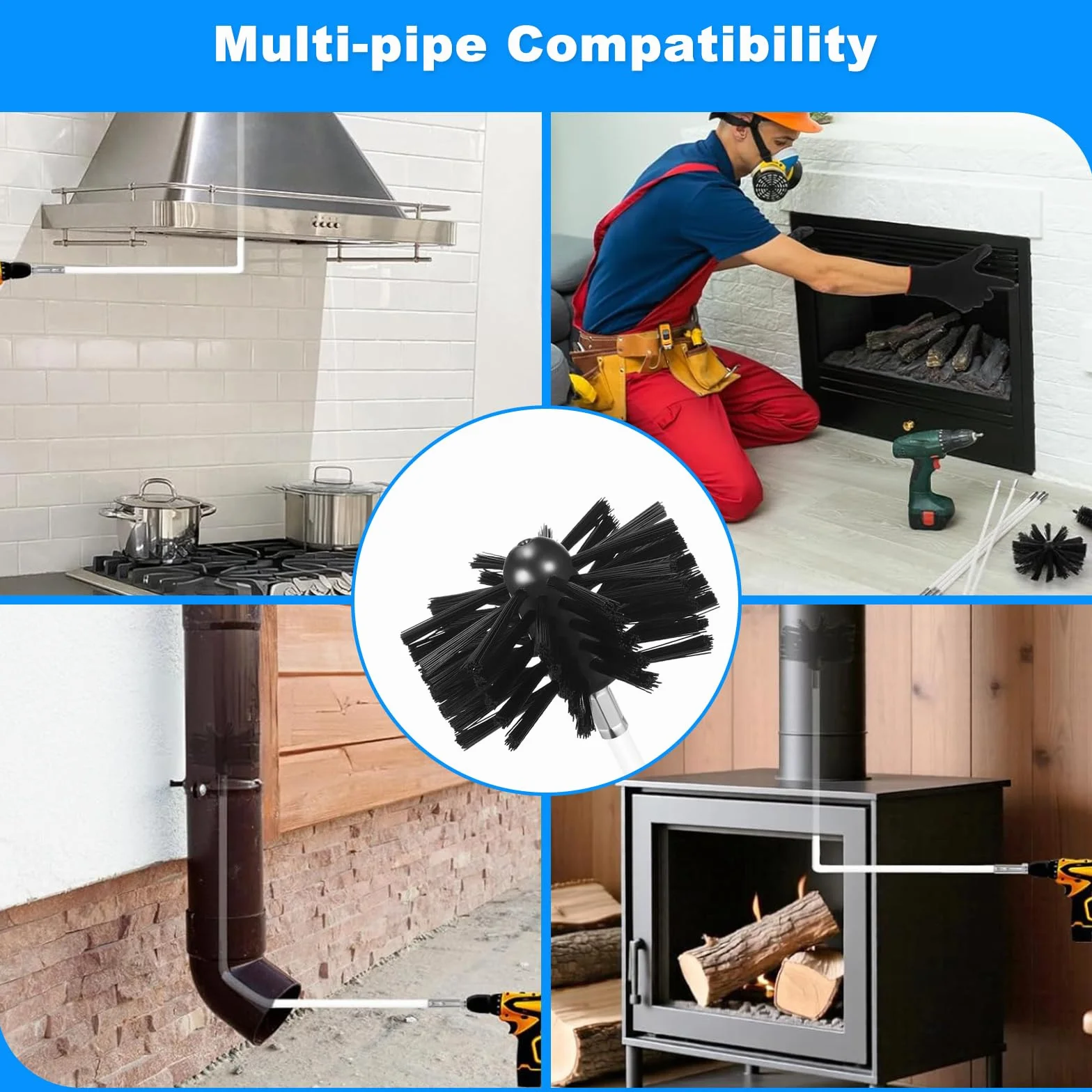 Kit Pulizia Canna Fumaria 23 Pezzi con 3 Teste Spazzola, 15 Aste Spazzole Flessibili 410mm, Scovolo Camino