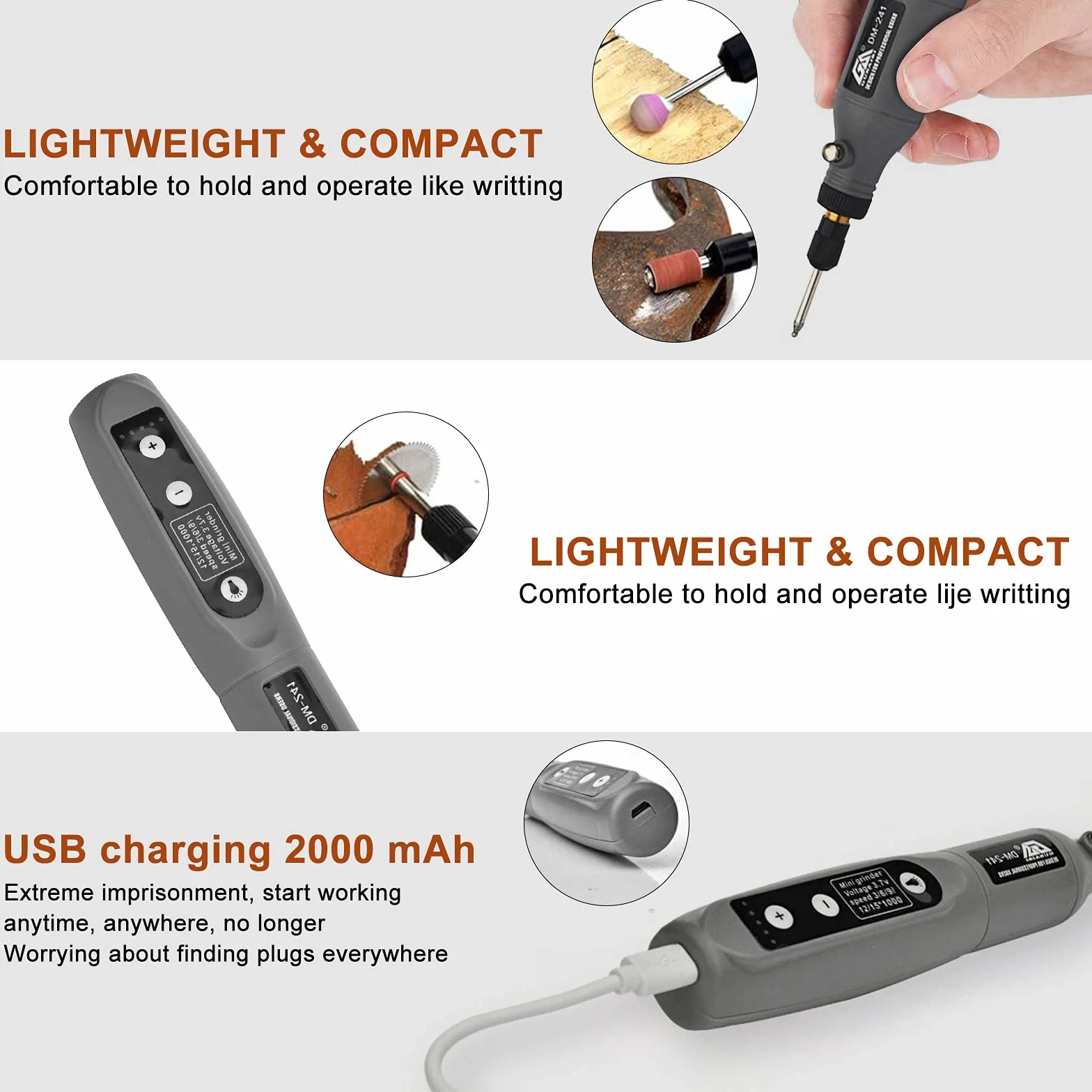 KKMOL Mini trapano elettrico rotativo senza fili USB multifunzione velocità variabile, set smerigliatrice lucidatura intaglio taglio pulizia affilatura, Grigio