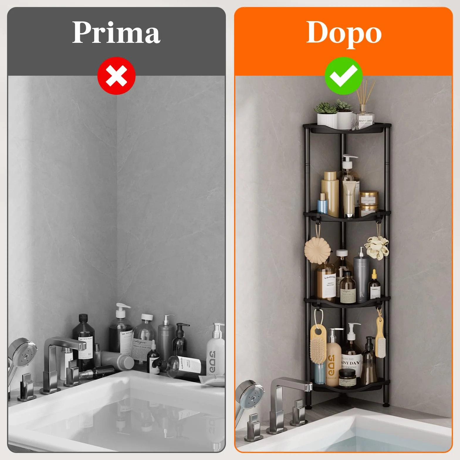 Mensola Doccia a 4 Livelli senza Foratura, Organizzatore Angolo per Bagno in Plastica, Nero 34cm
