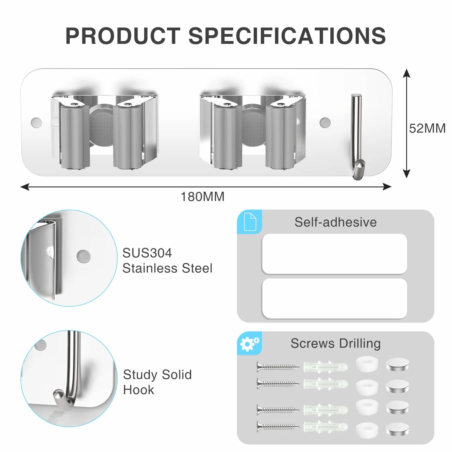 HOMEASY Porta Scope Parete 2 Pezzi, Portascope da Muro in Acciaio Inox, Argento