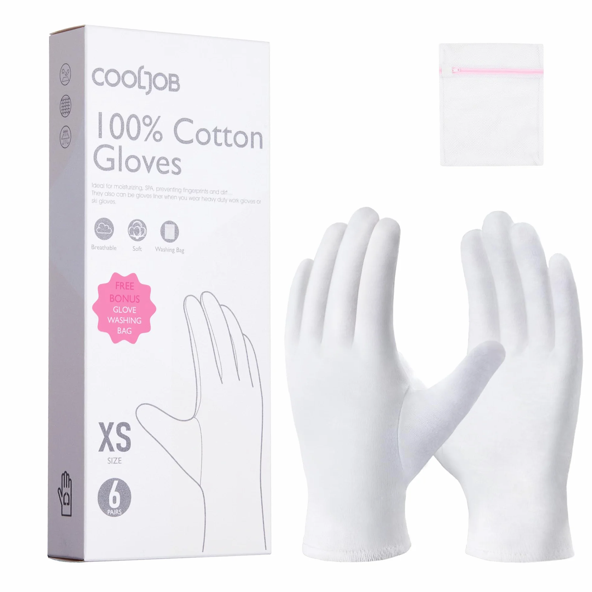 COOLJOB Guanti di cotone, guanti in tessuto bianco, 100% cotone, per mani asciutte e dermatite atopica, guanti idratanti, lavabili – Sacchetto di lavaggio incluso (6 paia, taglia XS)