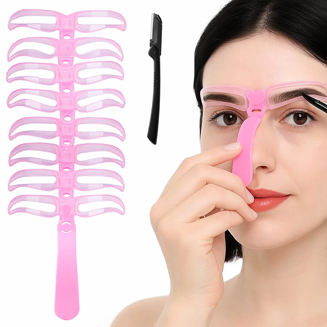 GXGM Stencil Sopracciglia Kit Timbri Sopracciglia 8 Stencil per Sopracciglia per Principianti Riutilizzabili e 1 Rasoio per Sopracciglia, Rosa