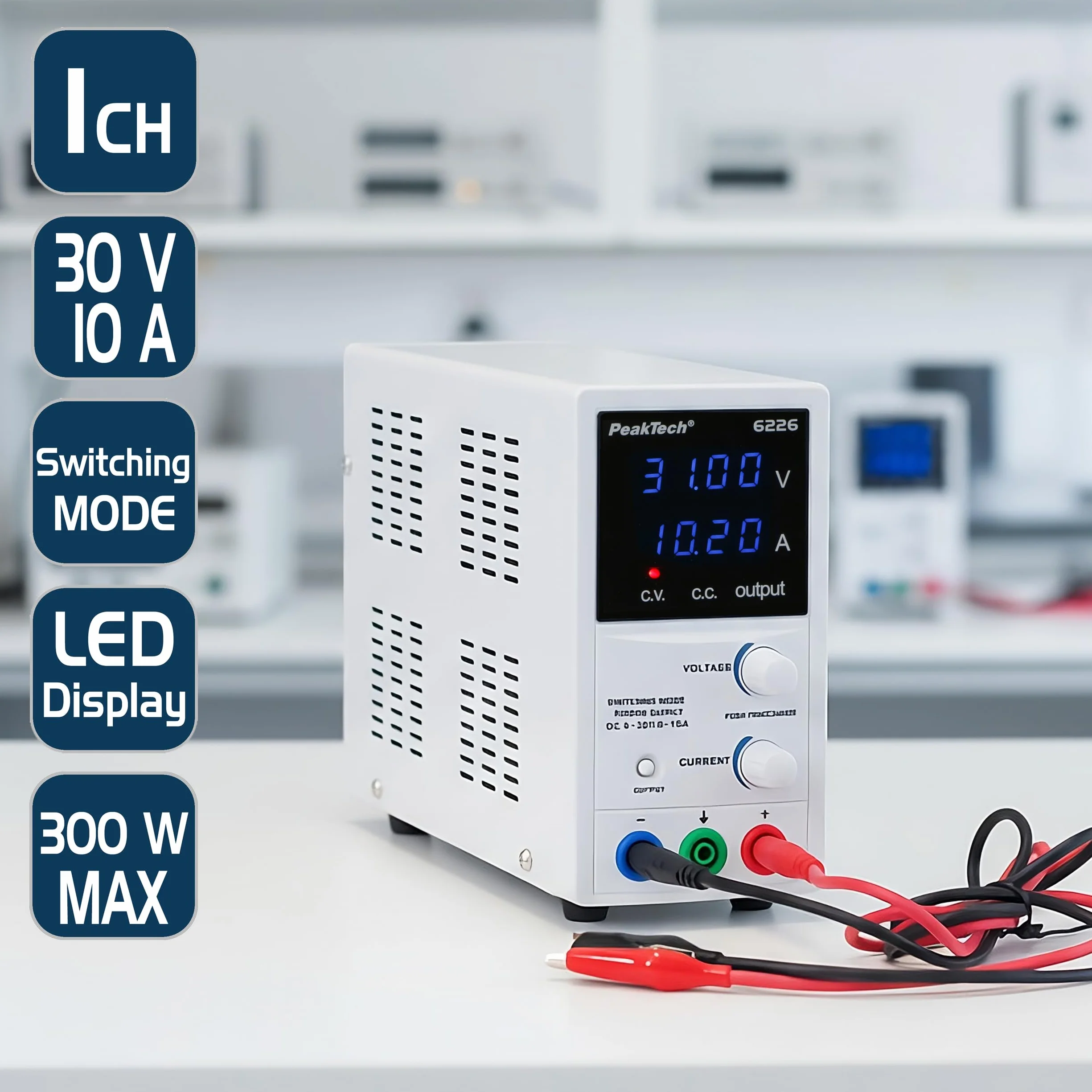 Peaktech P 6226 Alimentatore da Laboratorio DC 0-30V 0-10A Display LED Blu Regolabile