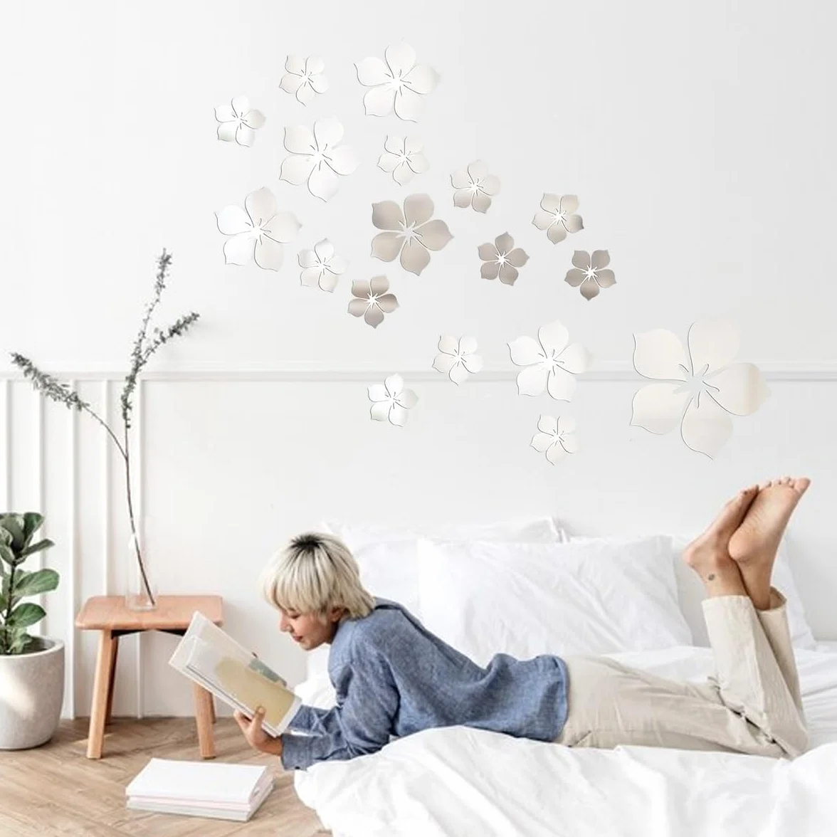Adesivi Murali Floreali di Cristallo 3D, Removibile Adesivi da Parete a Specchio per Camera da Letto Bagno