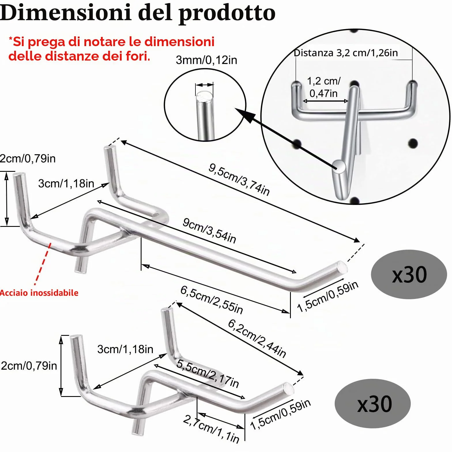 Ganci Pegboard Metallici 60 Pezzi, Supporto Utensili 3cm, Diametro 3mm per Scaffali e Officine