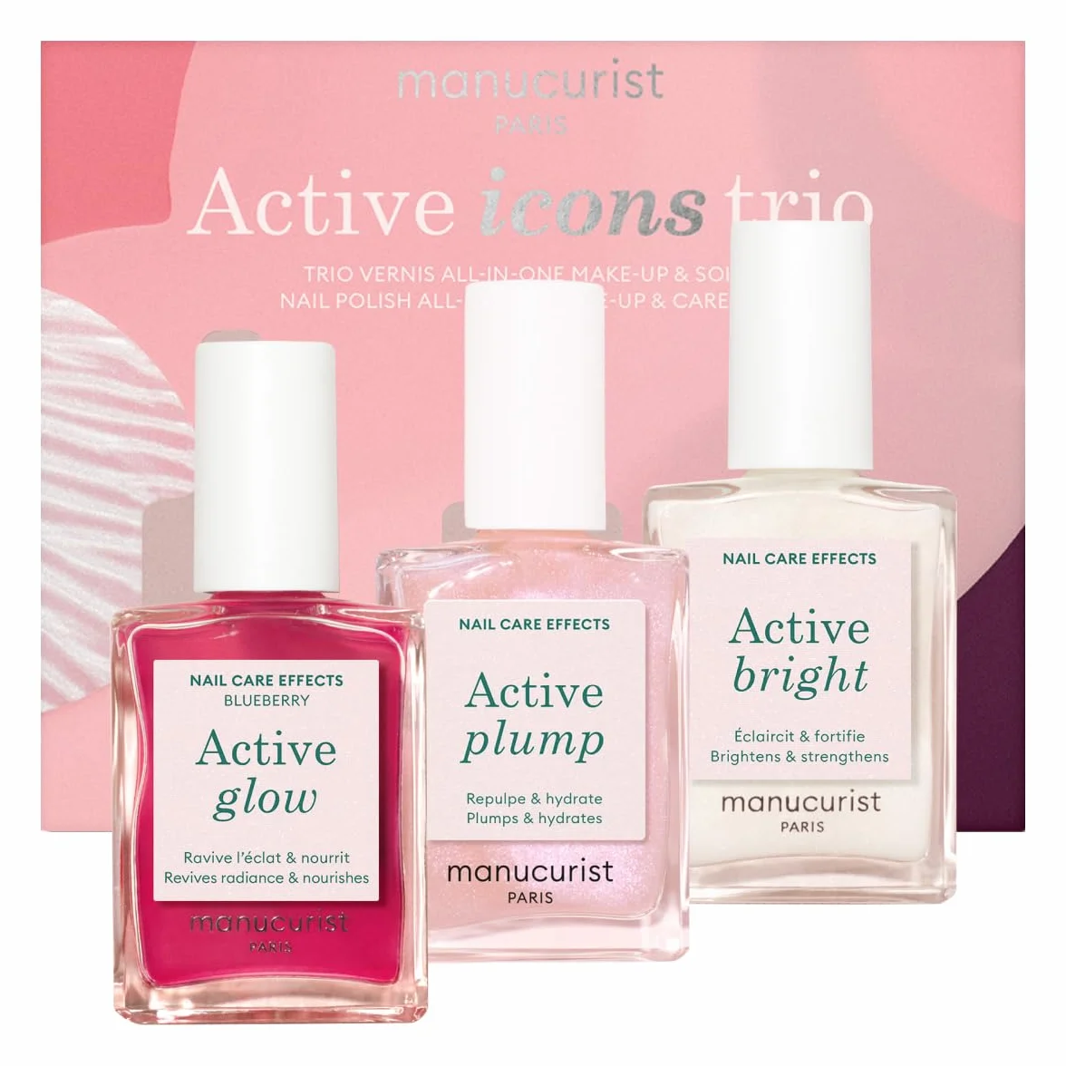 Set Regalo Unghie Manucurist Active Icons Trio - Smalti Active Glow Blueberry, Shine, Plump - Trattamento illuminante e cura - Smalto Rinforzante Unghie - Cofanetto Regalo Donna - Regali Donna