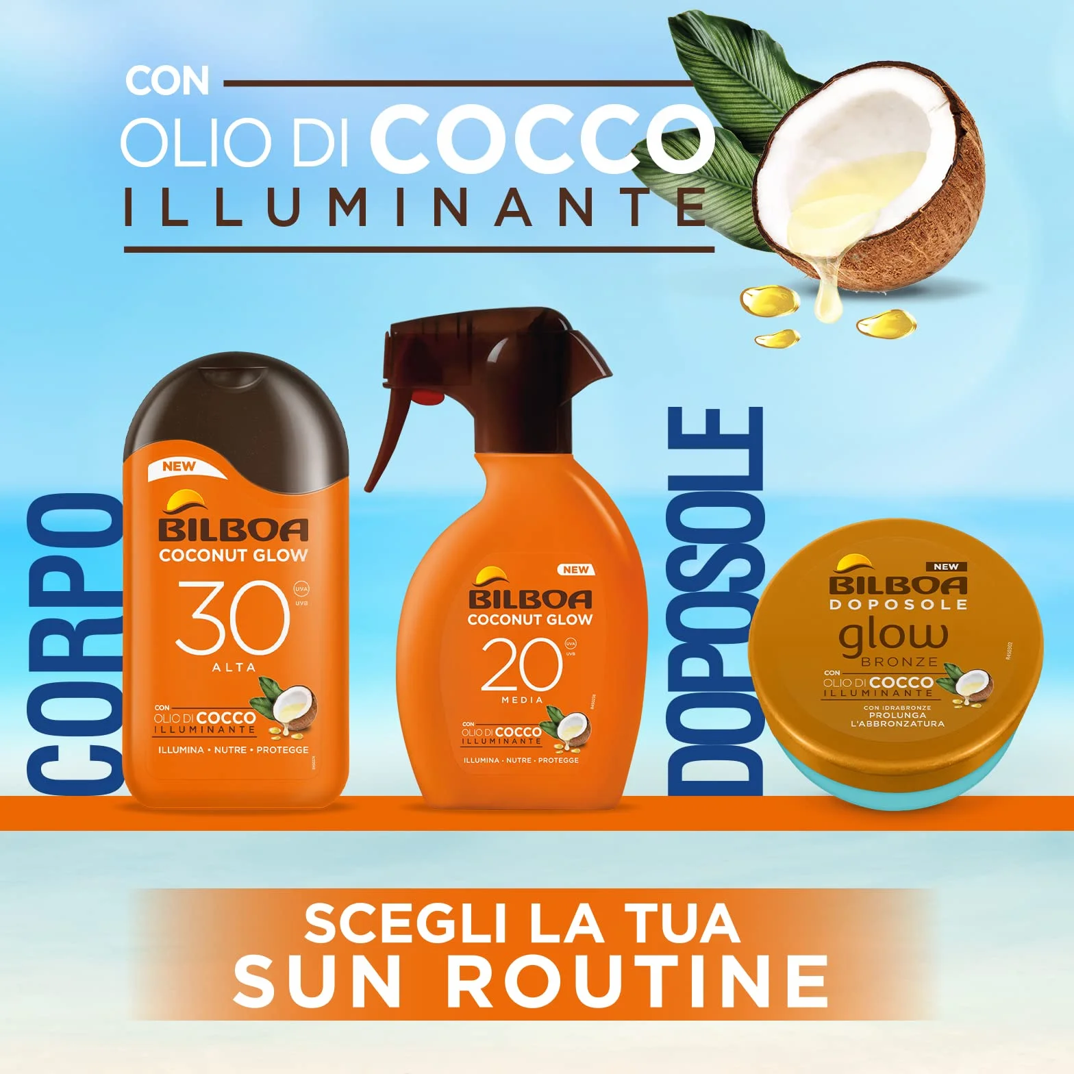 Bilboa, Trigger Solare Coconut Glow SPF 20, Crema Solare Spray con Olio di Cocco e Vitamina E, Leggera sulla Pelle, Protezione Solare Resistente all'Acqua, 250 ml