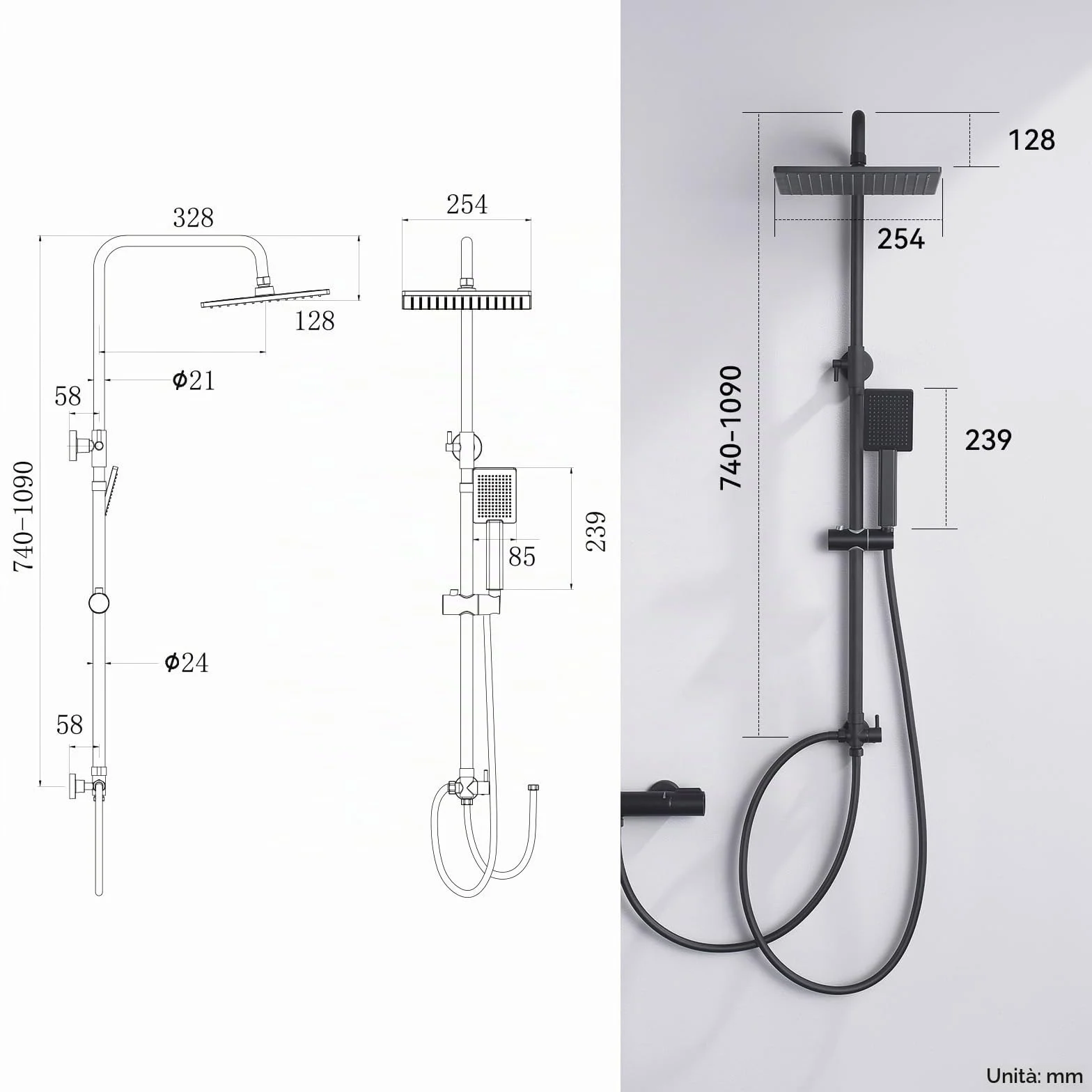 Auralum Colonna Doccia Senza Miscelatore 74-109cm Regolabile Set Soffione Doccetta Nero