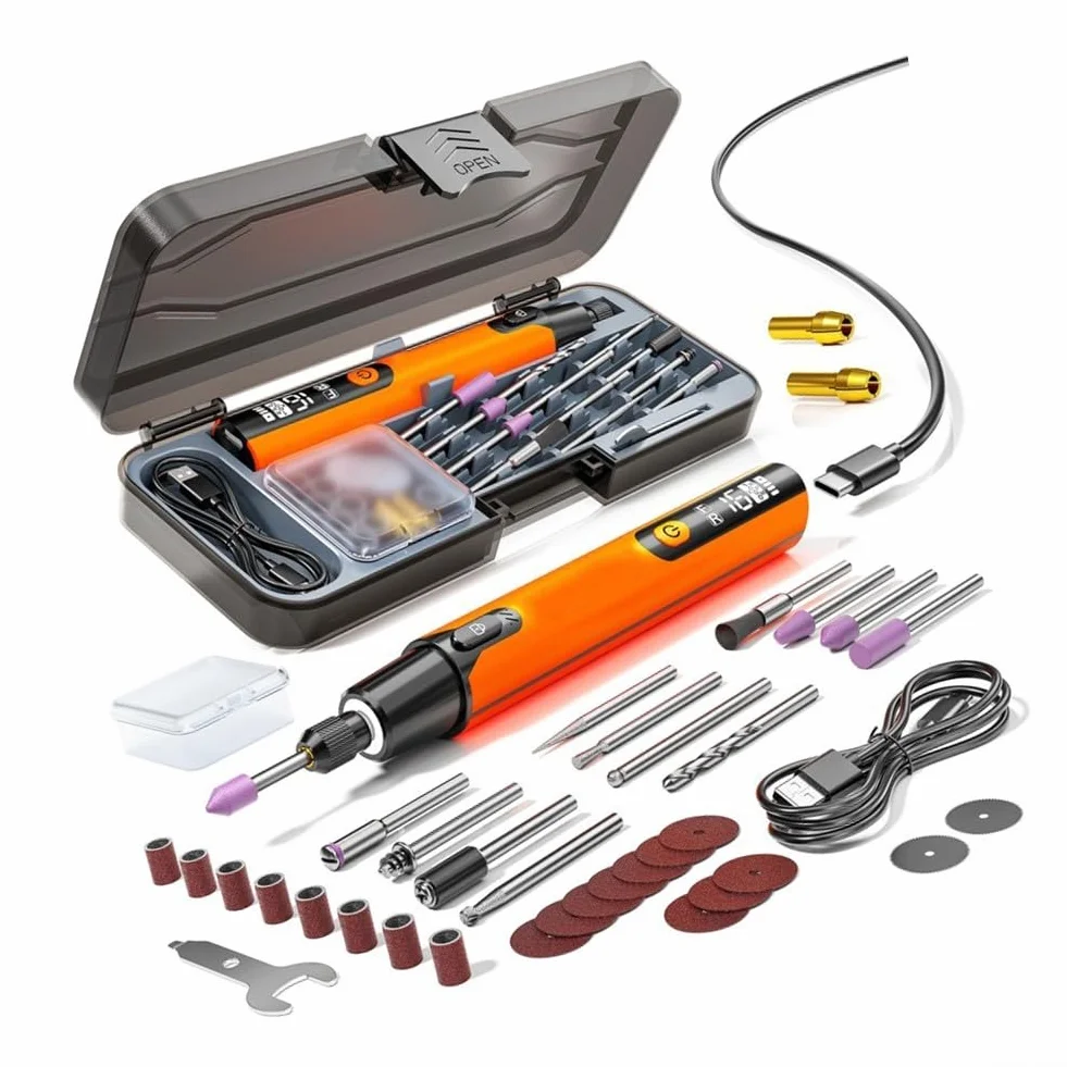 Strumento rotante senza fili con display LED, 30 accessori multiuso, set arancione