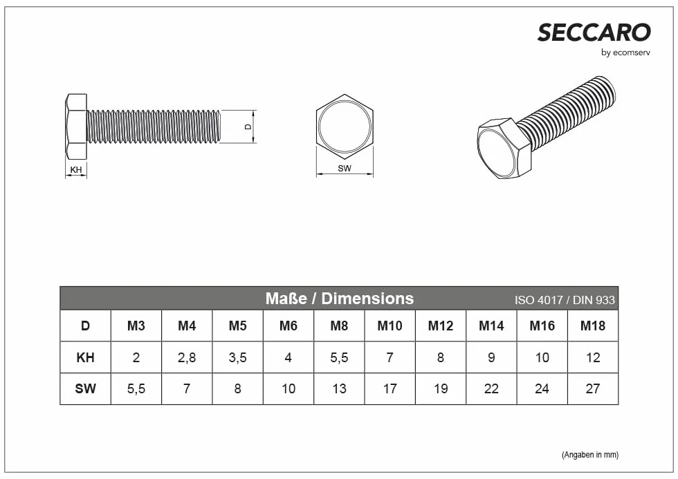 SECCARO Viti a testa esagonale M6 x 70 mm Acciaio inossidabile V2A A2 DIN 933 ISO 4017
