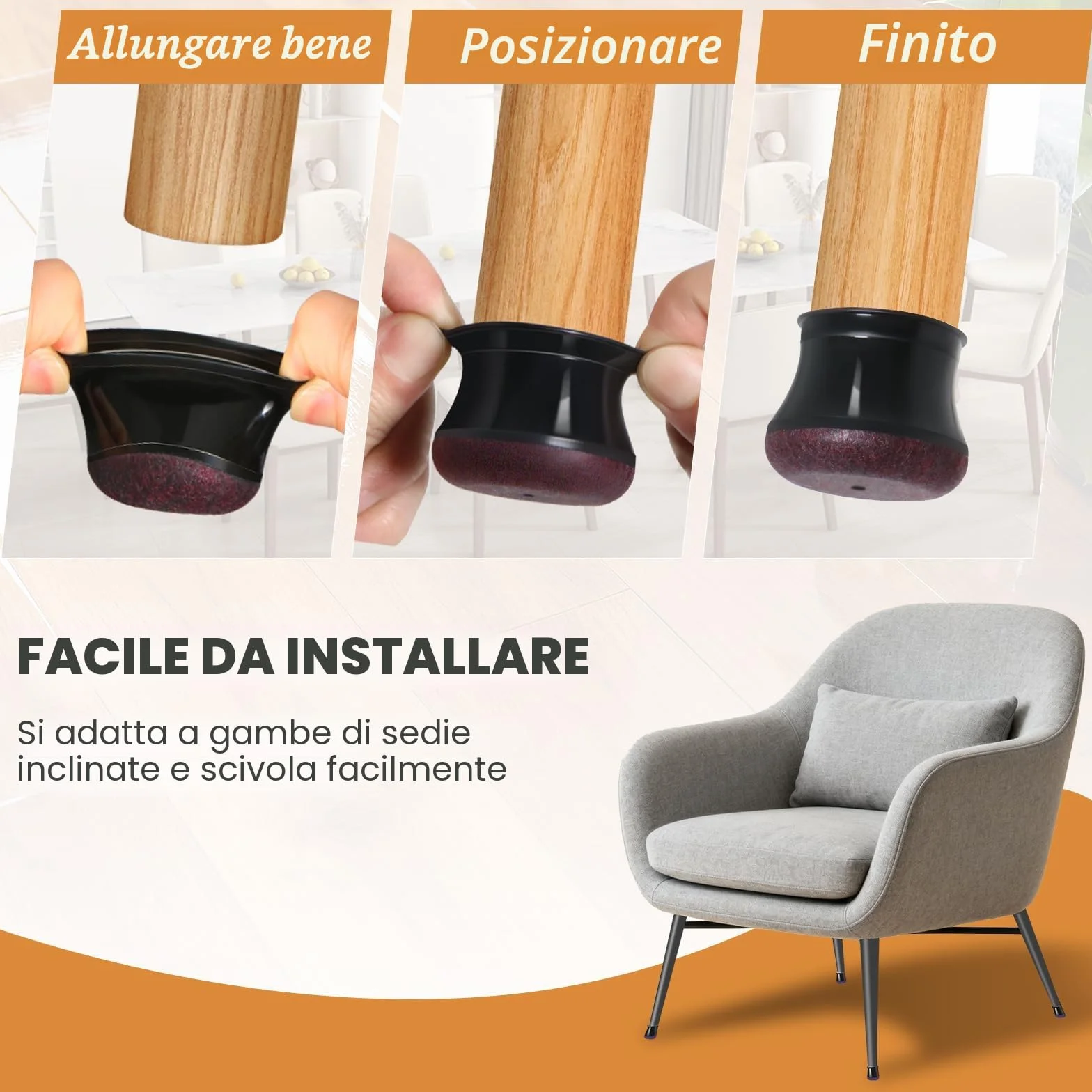 RUSIDO Gommini Per Sedie in Silicone Nero, Piedini in Feltro, Protezioni Rotonde Gambe di Sedie, 24 Pezzi
