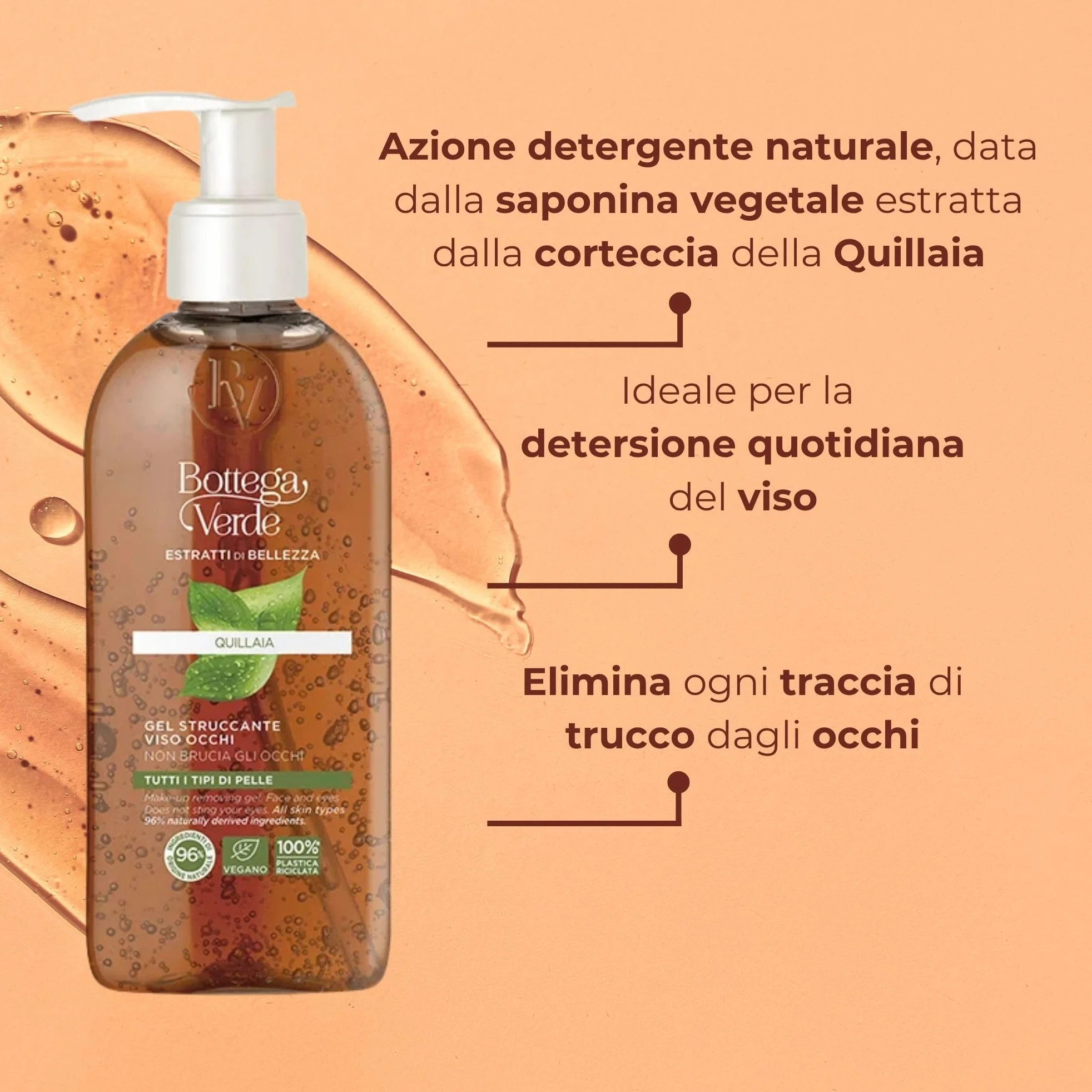 Bottega Verde - Estratti di Bellezza, Gel Struccante Viso e Occhi, 200 ml, con Quillaia per una Azione Detergente Naturale, Non Brucia gli Occhi, Formula Delicata, per Tutti i Tipi di Pelle