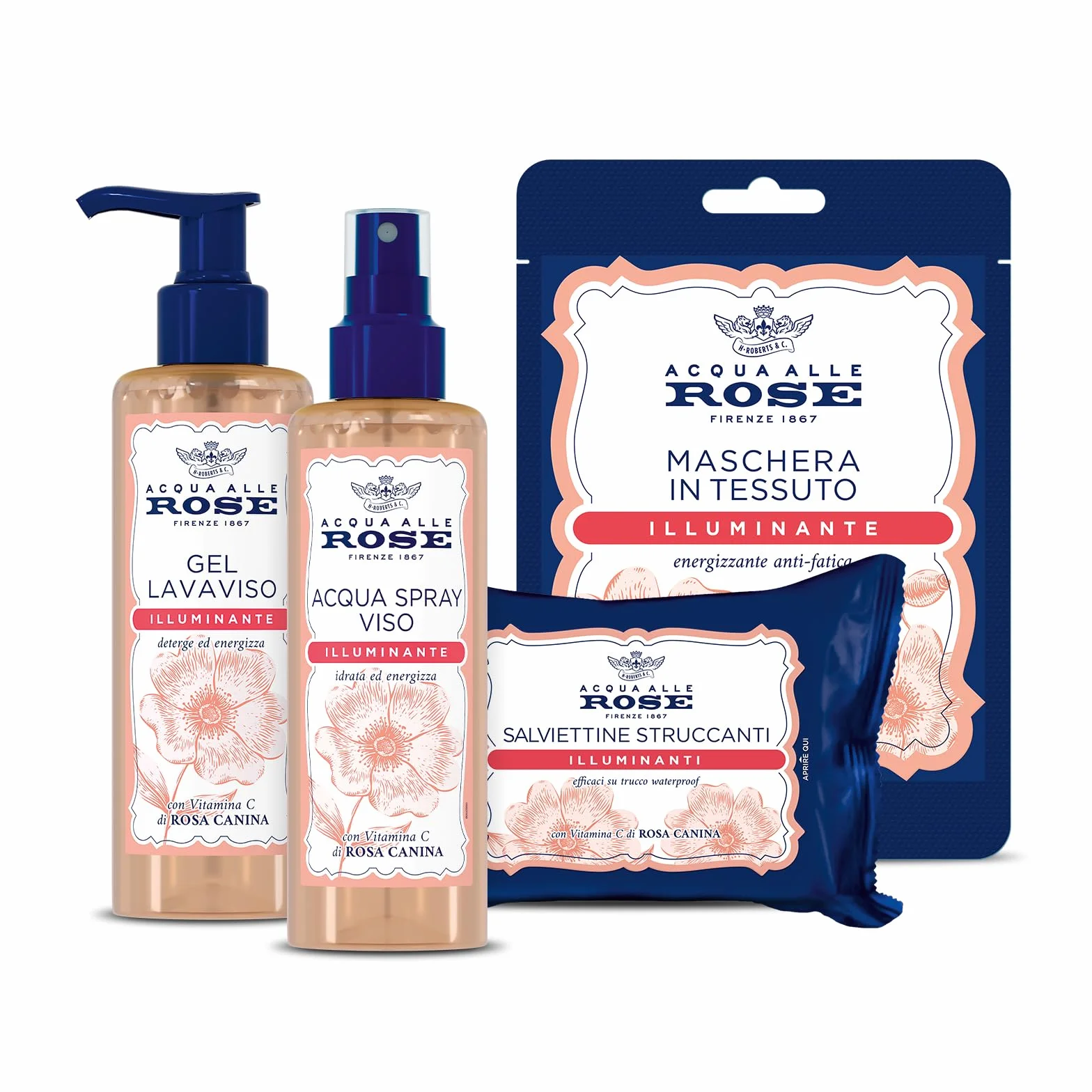 Acqua alle Rose, Set Illuminante con Vitamina C, per Pelli Spente o Opache, contiene Acqua Spray 200ml, Maschera in Tessuto 1 pz, Gel Lavaviso 200ml e Salviettine Struccanti 20pz - Esclusiva Amazon