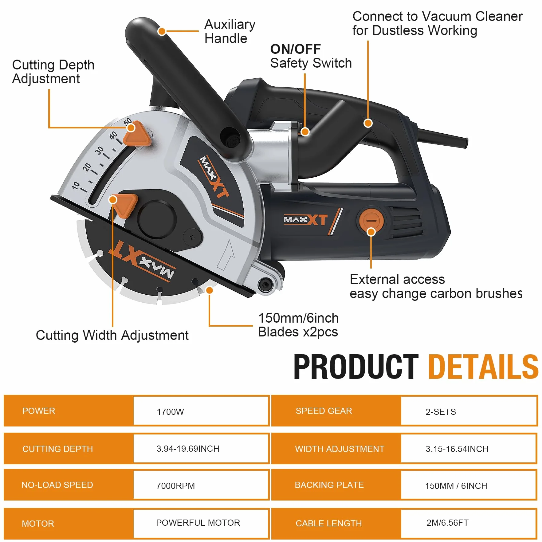 MAXXT Fresatrice Elettrica 1700W 220-240V 7500 rpm Profondità Taglio 10-50mm Larghezza 8-42mm