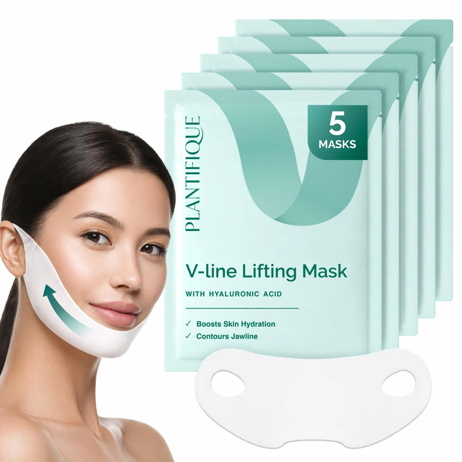 PLANTIFIQUE Doppio Mento Cintura Viso V-Line | Maschere Rassodanti per un Contorno Viso Scolpito e Tonico | Soluzione Naturale per un Aspetto Giovane e Fresco | 5 Maschere