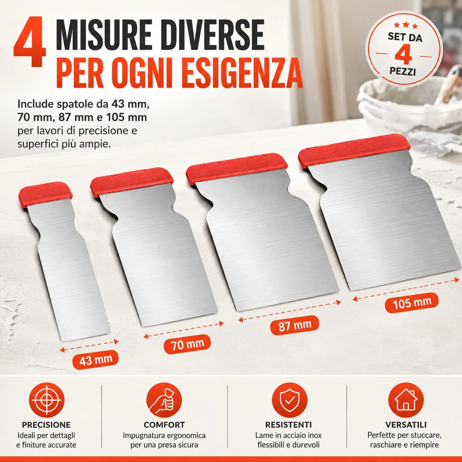 Set 4 Spatole Giapponesi in Acciaio 47/70/87/105 mm per Verniciatura Stuccatura Rasatura