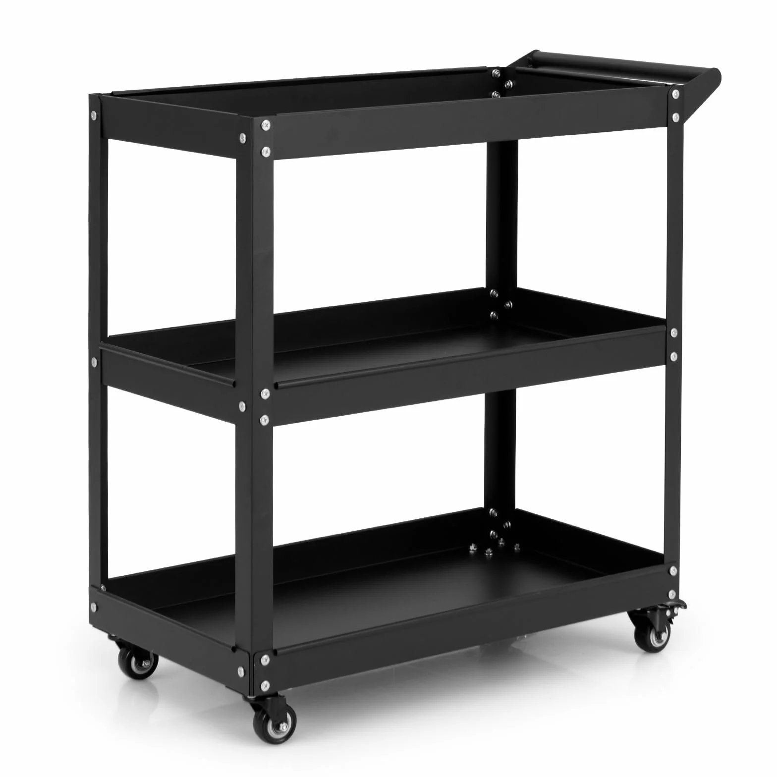 GYMAX Carrello Multiuso Robusto a 3 Ripiani con Maniglia Comoda, Ruote Bloccabili per Magazzino, Garage, Cucina, Officina (Nero)