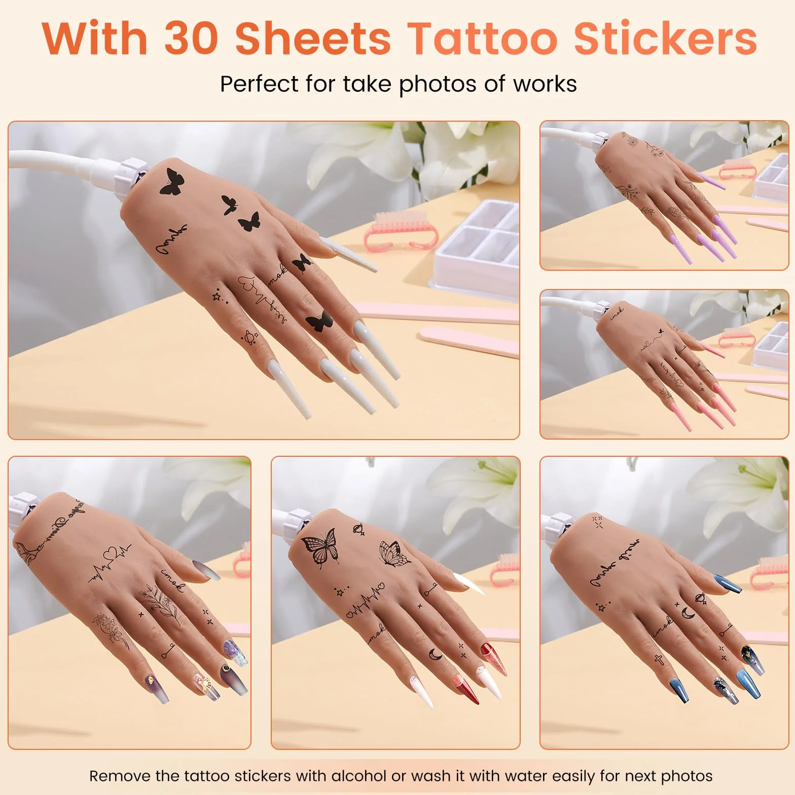Mano Finta per Ricostruzione Unghie: Silicone Mano Pratica - Flessibili Mano Finta per Unghie - Mani Finte con 240 Pezzi Tip Unghie/Pennello Per Unghie/Lima Per Unghie