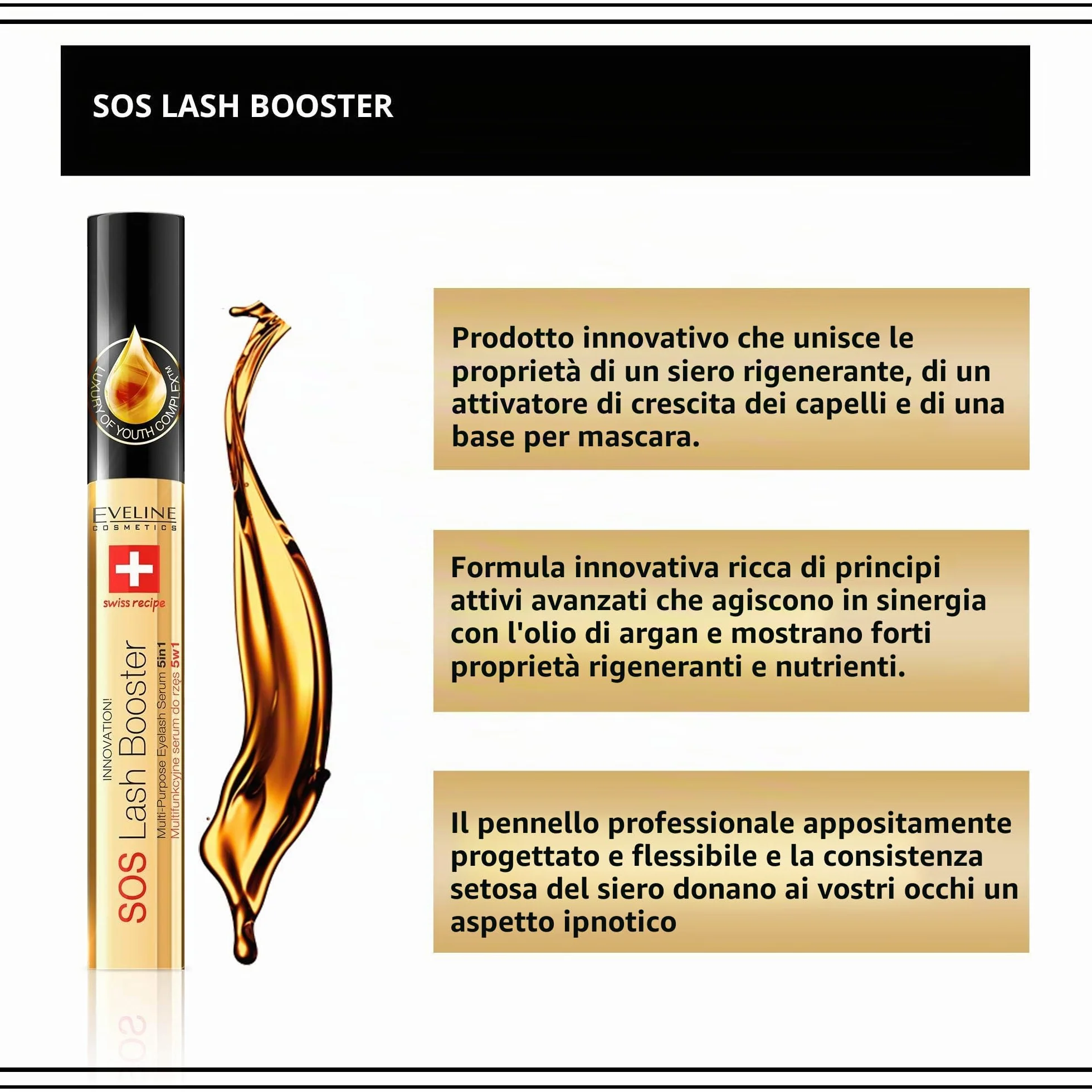 Eveline Cosmetics SOS Lash Booster Siero multifunzionale per ciglia con olio di argan 5in1, 10 ml