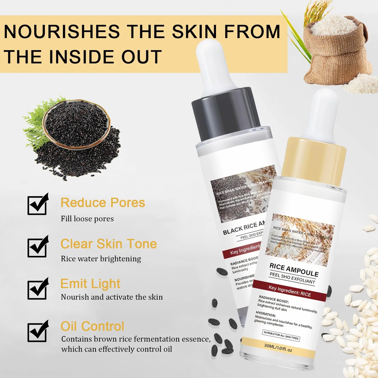 Peel Shot Glow Rice Ampoule Duo, 2PCS Siero Coreano Esfoliante al Riso Bianco & Nero, Delicato Viso Peeling, Rimuove Cellule Morte, Elimina Punti Neri, Pulisce Pori, Idrata Profondo