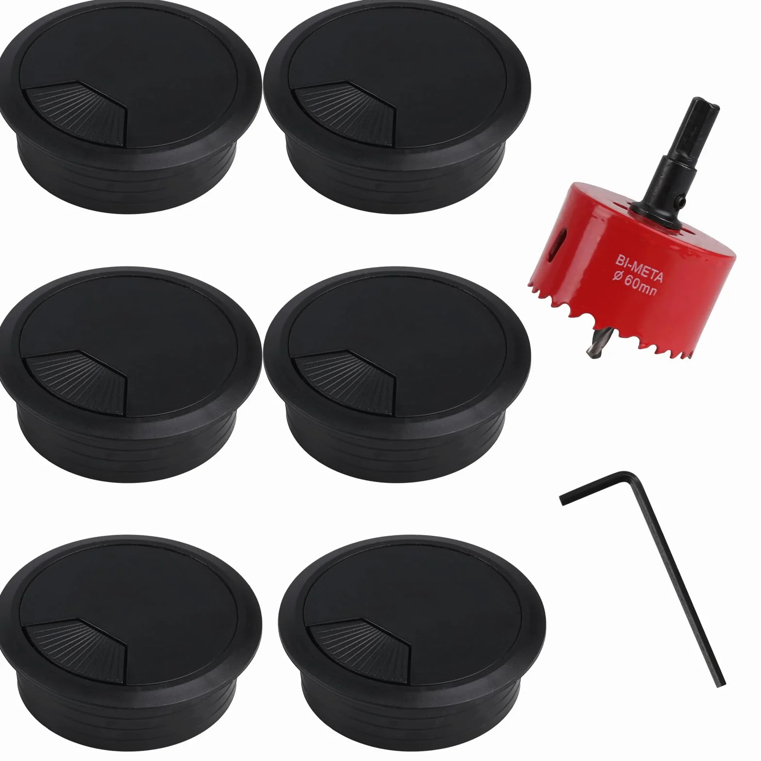 Punta da trapano per sega a tazza 60 mm e 6 coperture rotonde per cavi da scrivania nere