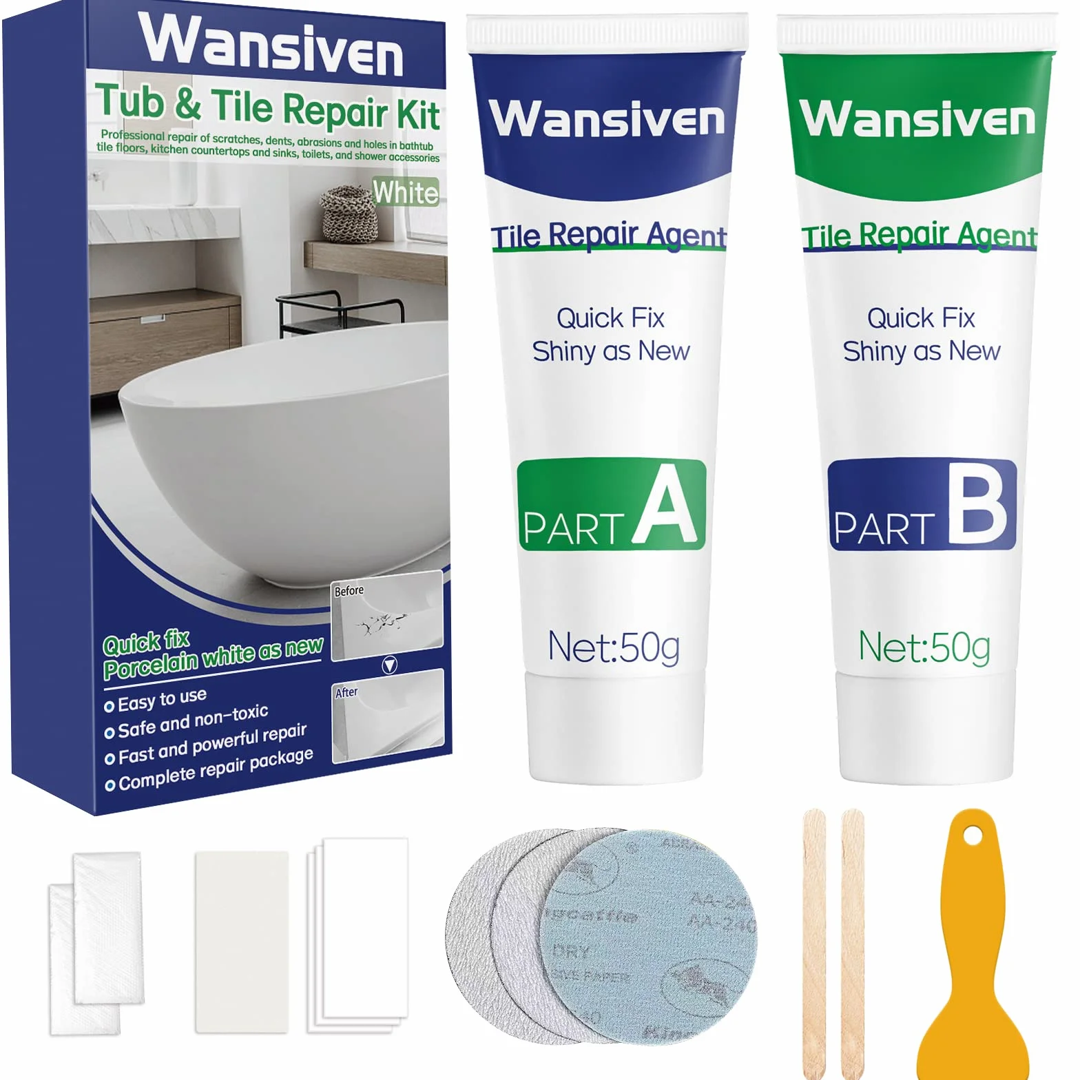 Wansiven Kit di riparazione vasca da bagno, smalto ceramica per crepe graffi fori 100g