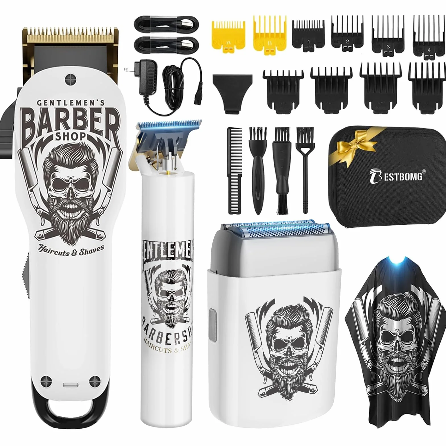 BESTBOMG Tagliacapelli Uomo Professionale Macchinetta per Capelli Senza Fili, Regolabarba Rasoiocapelli Trimmer Rasoio Elettrico Con Mantella da Barbiere e Pettine Limite