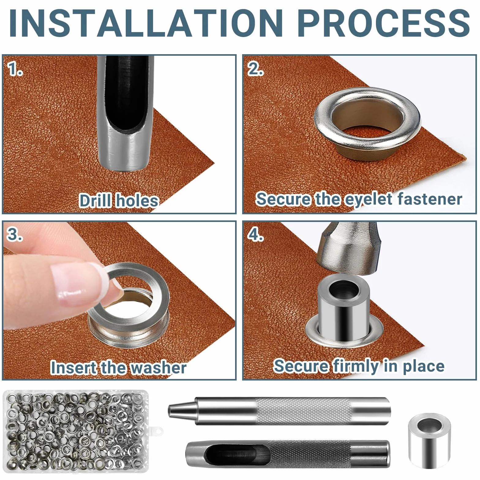 Occhielli per Teloni 12mm Kit Grommet Strumento 3 Pezzi Occhielli Metallici per Tessuto Tenda Fai da Te Scarpe Pelle Cintura