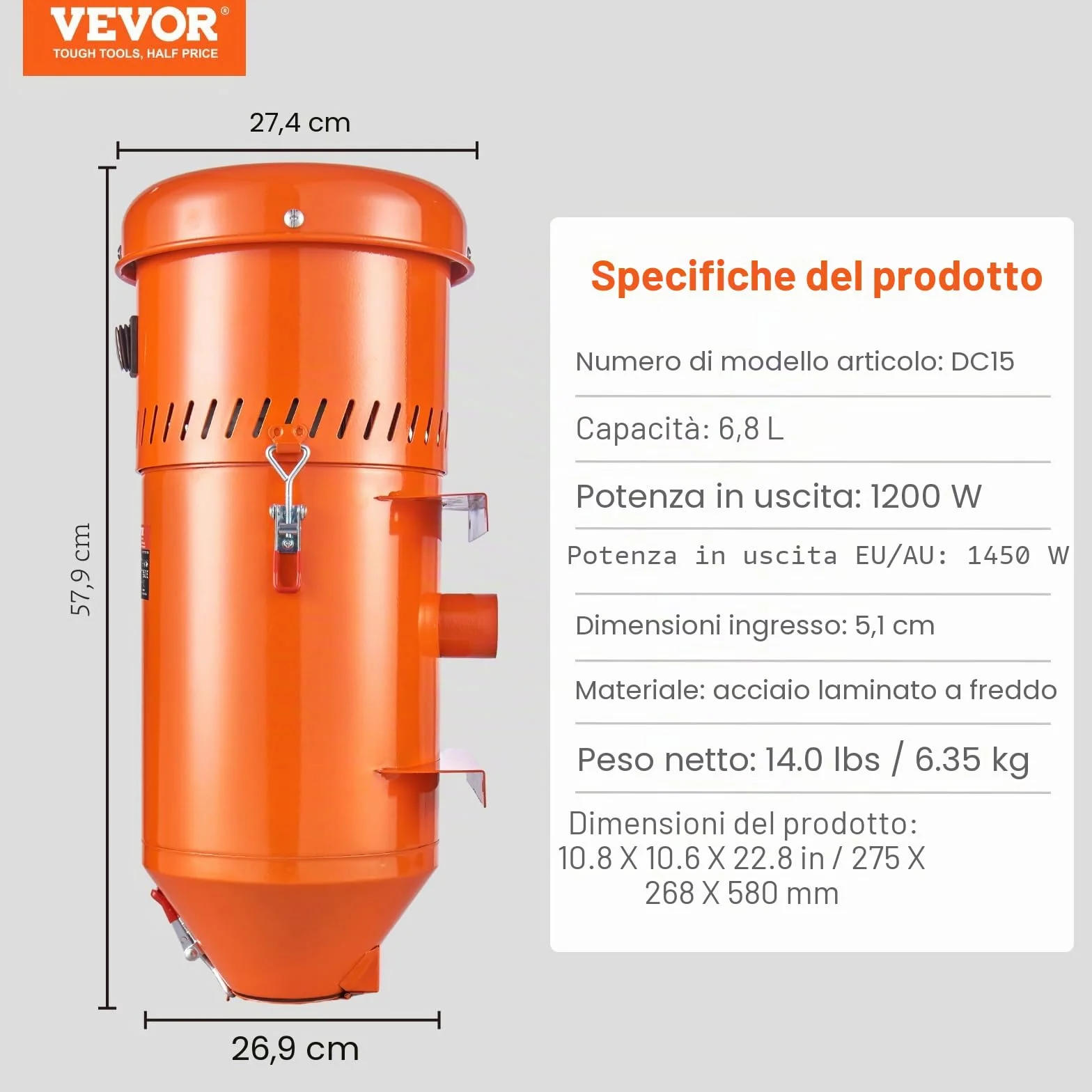 VEVOR Sistema di raccolta polveri 1450 W 1,8 galloni per sabbiatrici