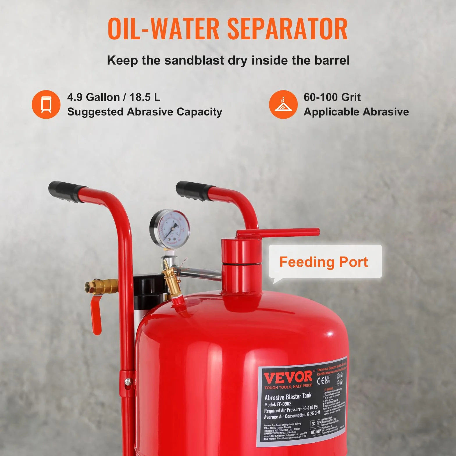 VEVOR Sabbiatrice da 40 Litri 10 Galloni con Ugello in Ceramica Manometro e Ruote in Gomma