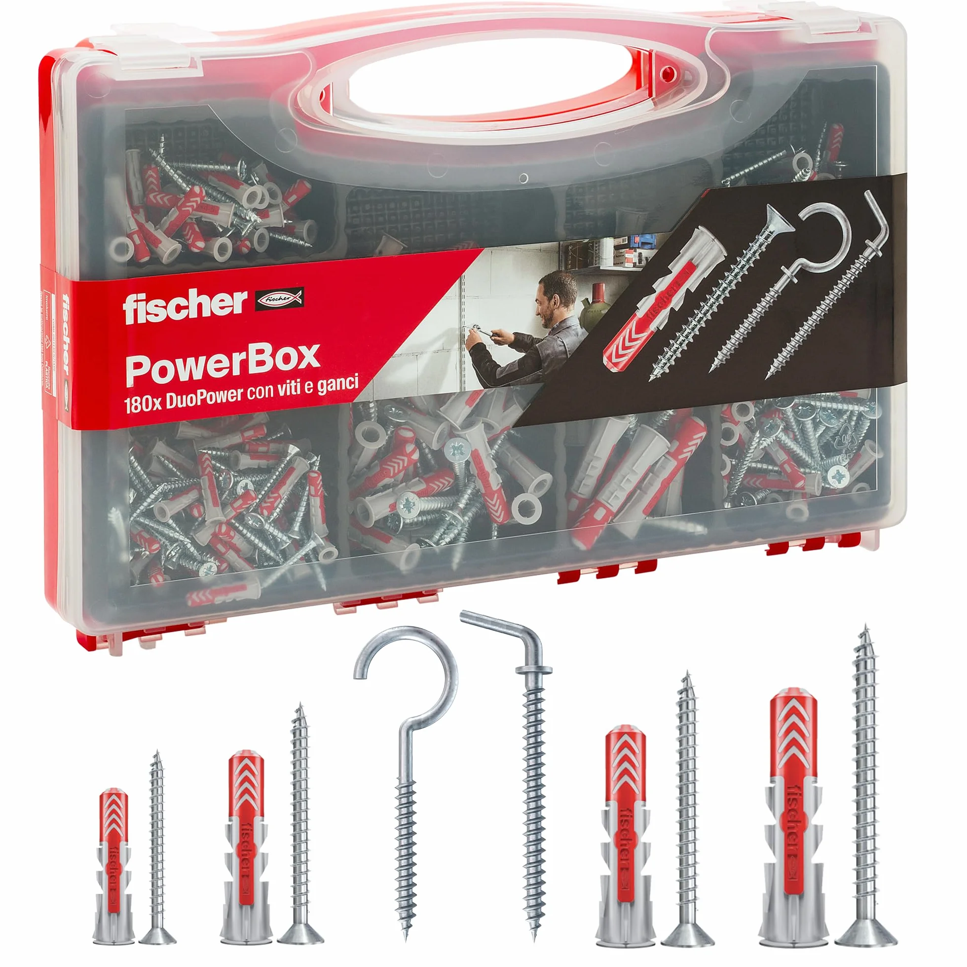 Fischer PowerBox 180 Tasselli DuoPower con Viti e Ganci, 360 Pz, per Muro Pieno, Forato e Cartongesso